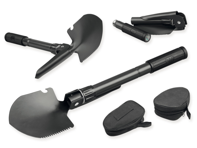 DIG folding metal shovel with compass in textile pouch, Black