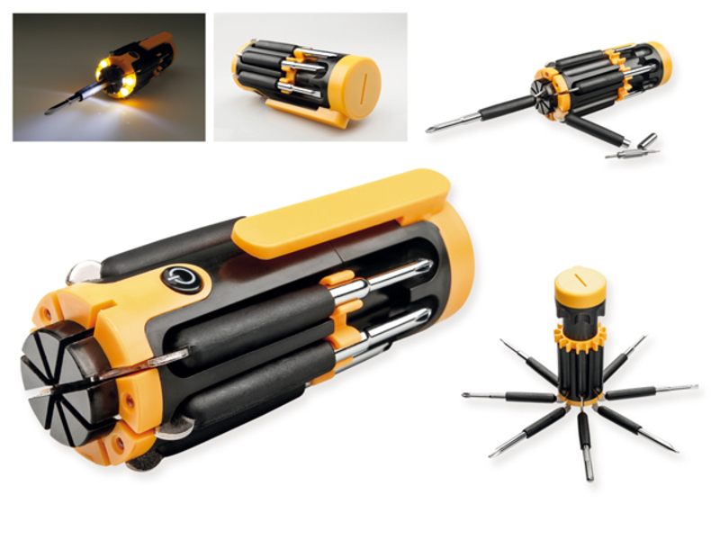 TEX set of metal screw drivers with plastic parts and torch with 4 LED, Yellow