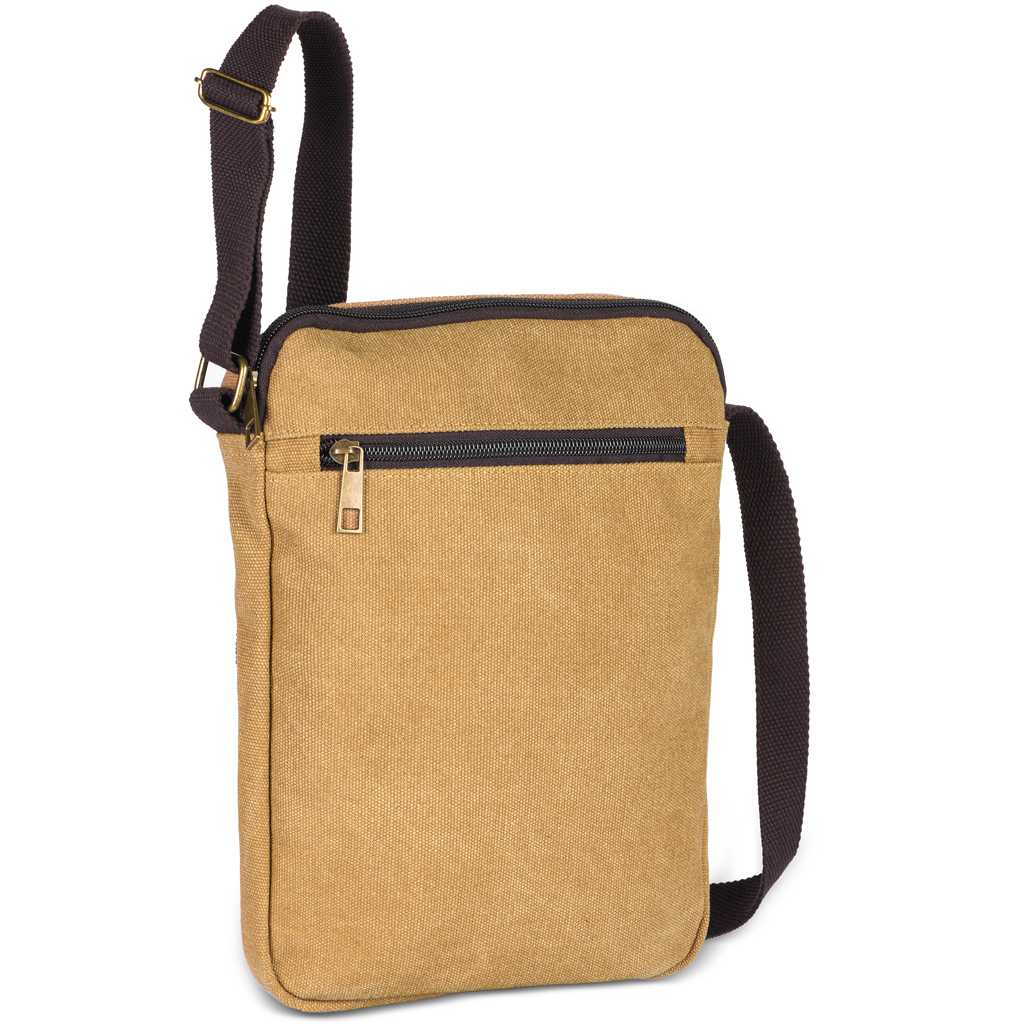in canvas polycotton material with vintage looking. Front pocket with zipper fastener