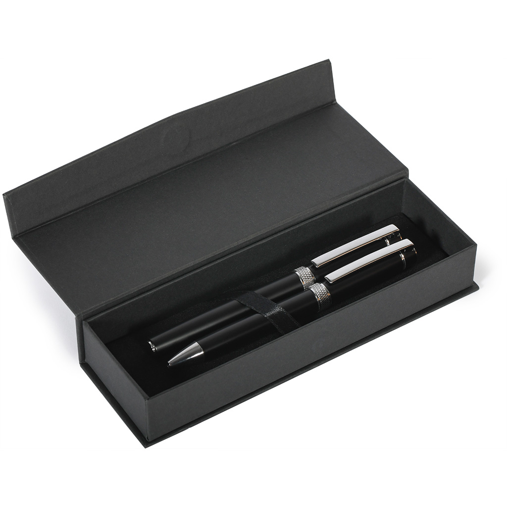 elegant gift box including ball pen with  rotation-lock and roller pen with cap. Both of them are made of recycled aluminium