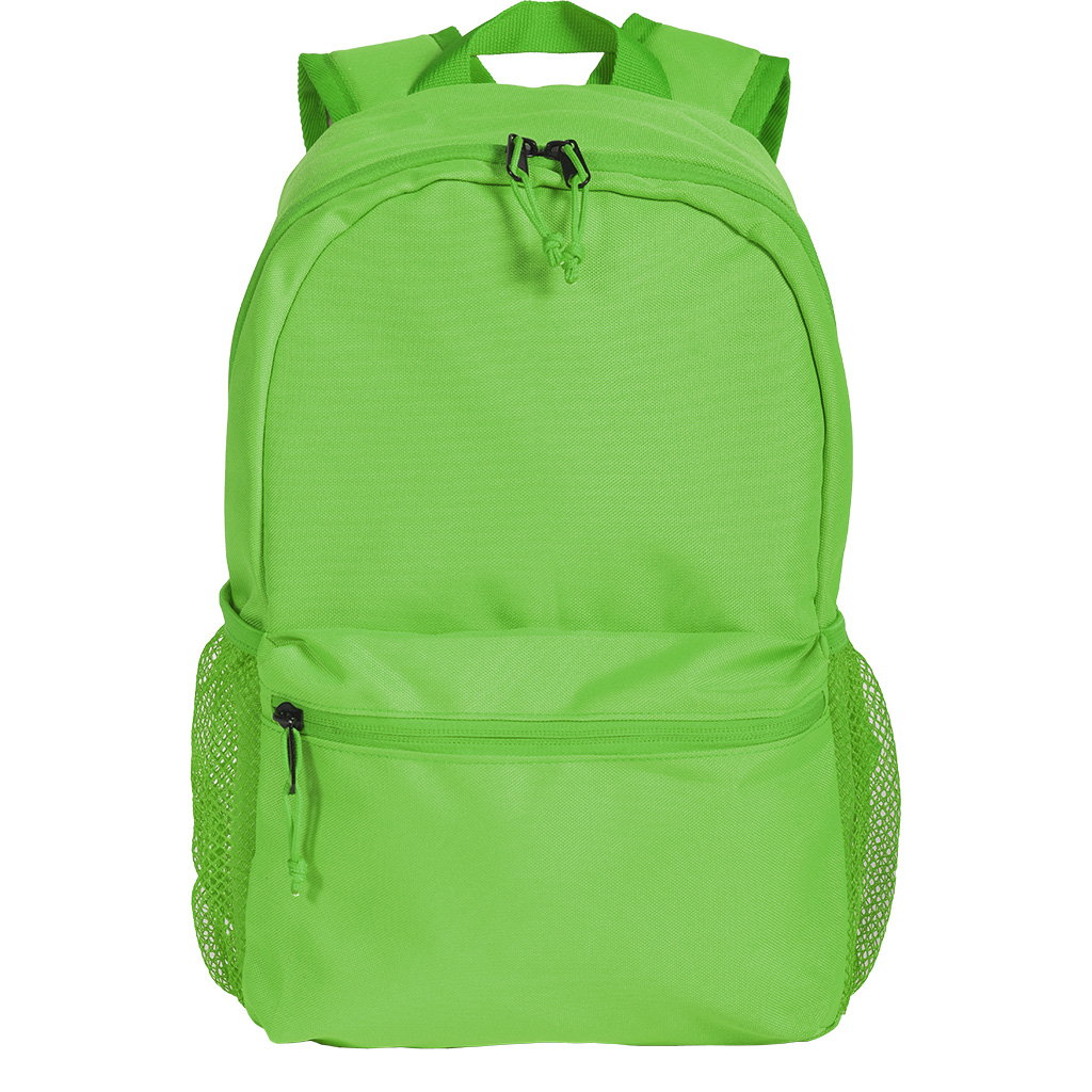 scomparto principale e tasca frontale con chiusura a zip e due tasche a rete laterali portabottiglie