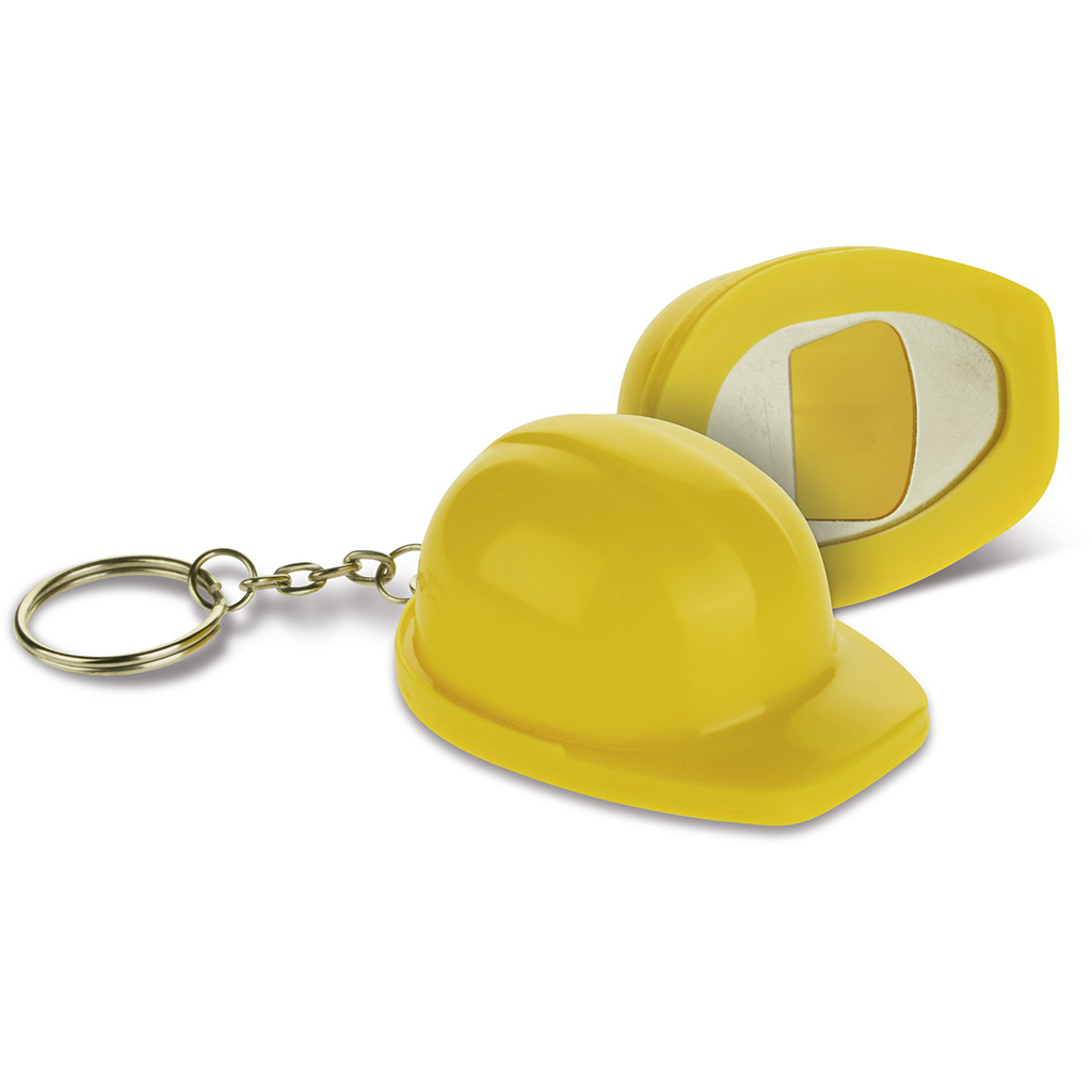 with plastic helmet and metal bottle opener.
