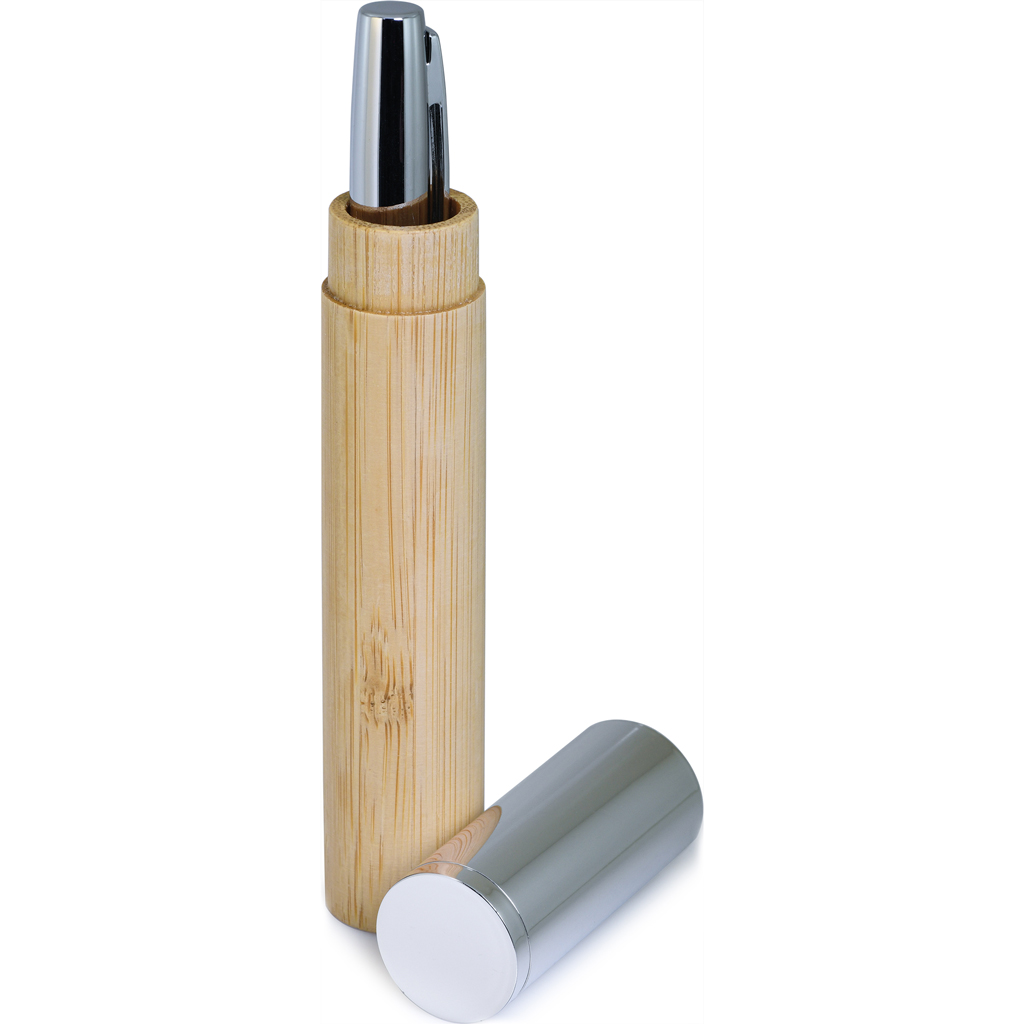elegant gift box in plastic and bamboo materials with ball pen in metal and bamboo materials