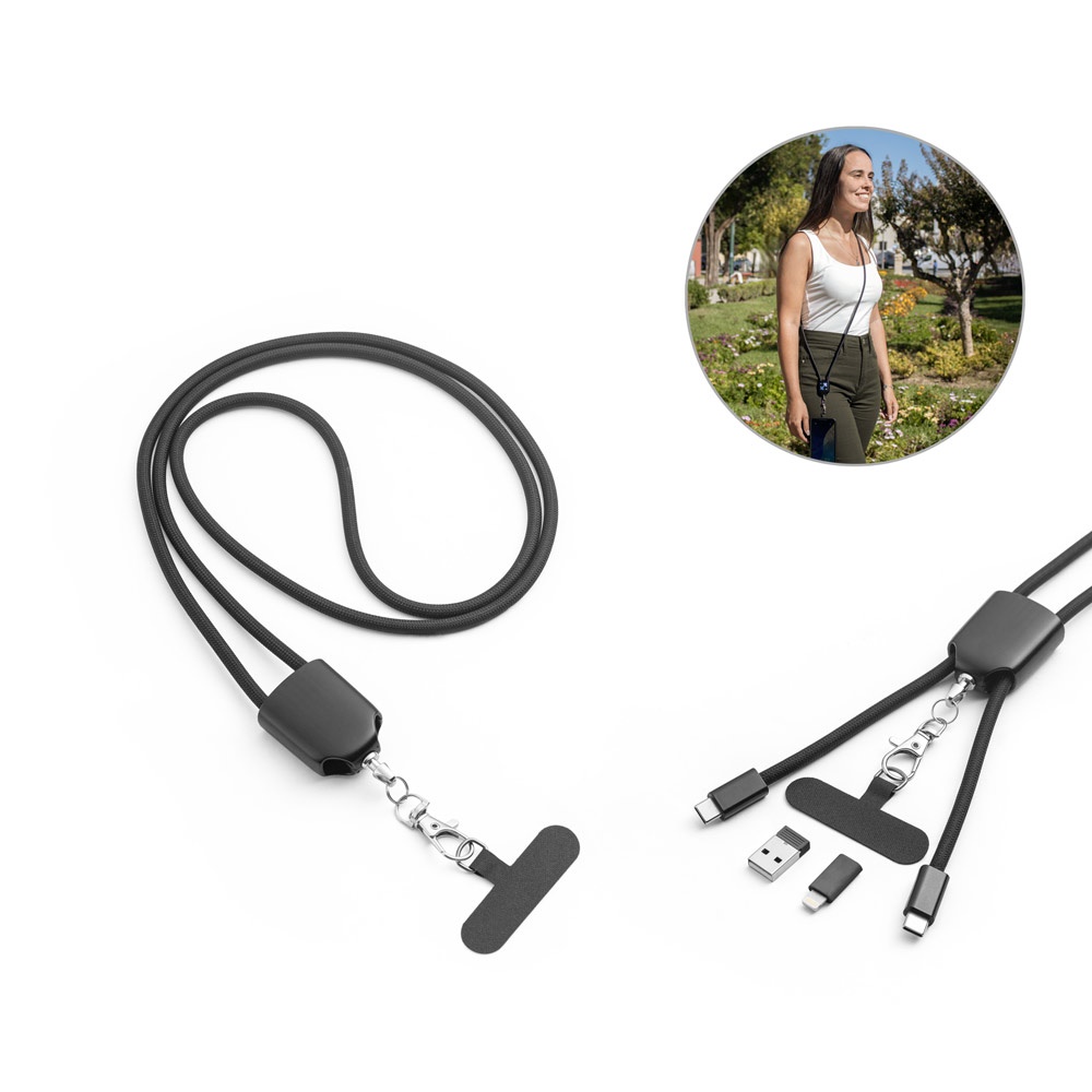 ZEWAIL. Lanyard with included smartphone holder, USB-C cable and various adapters in recycled ABS and recycled TPE