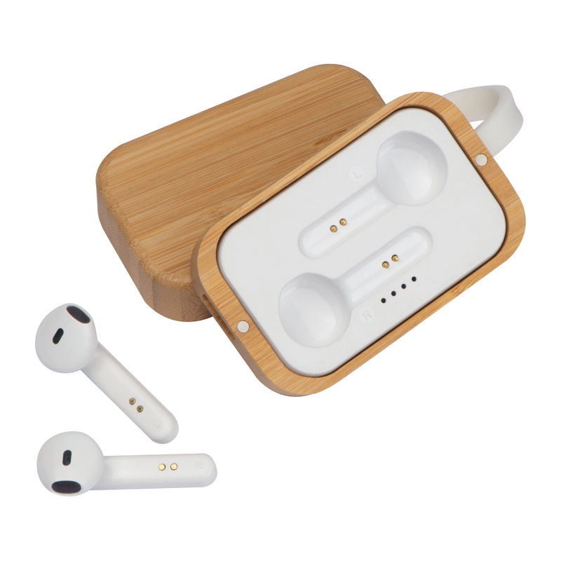 Blutetooth earphones in a bamboo box