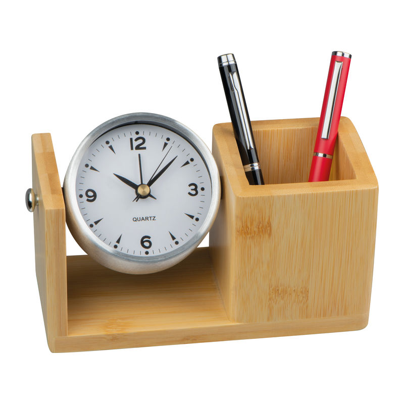 Bamboo pencil case with analogue clock