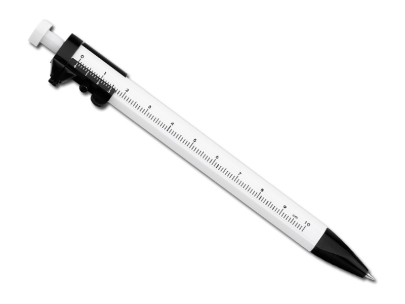 CALLIPER plastic ball pen with calliper, blue refill, White