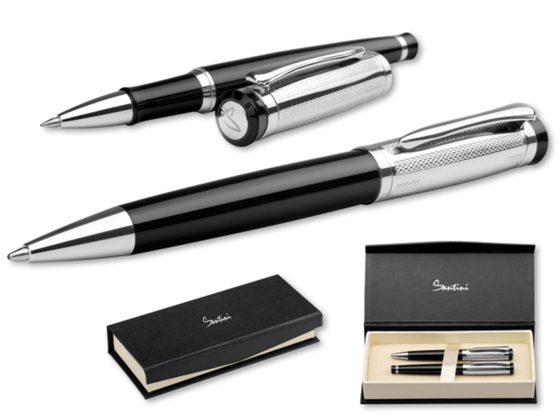 ORLANDO set of metal ball pen and roller pen, blue refill, SANTINI, Silver