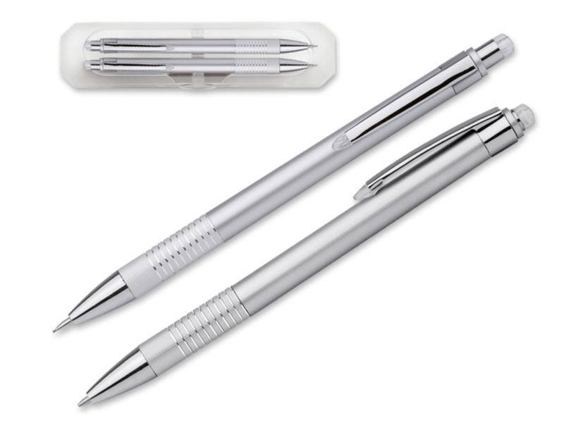 FUEGO SET set of plastic ball pen and mechanical pencil, blue refill, Satin silver