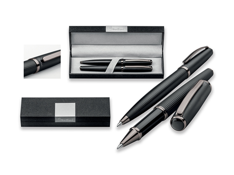 IMPERIO set of metal ball pen and roller pen, blue refill, SANTINI, Black