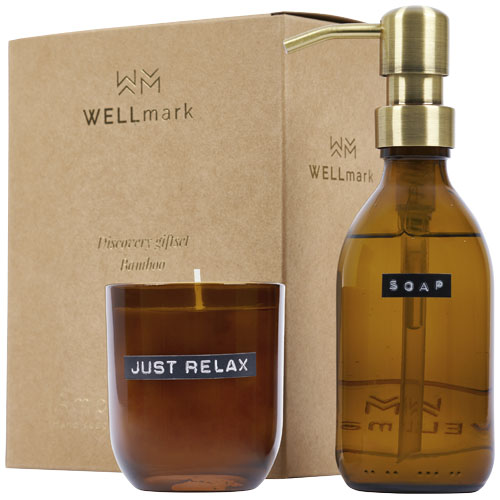 Wellmark Discovery 250 ml hand soap dispenser and 150 g scented candle set - bamboo fragrance
