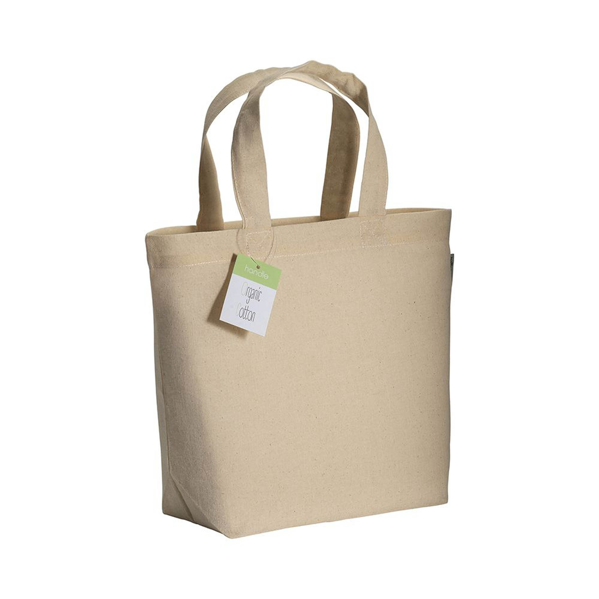 Organic cotton shopping bag, short handles and buttom gusset Natural