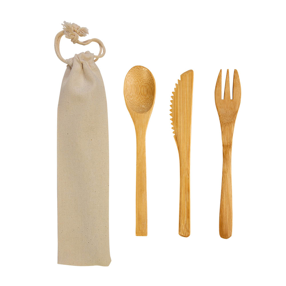Bamboo cutlery set in cotton pouch Natural
