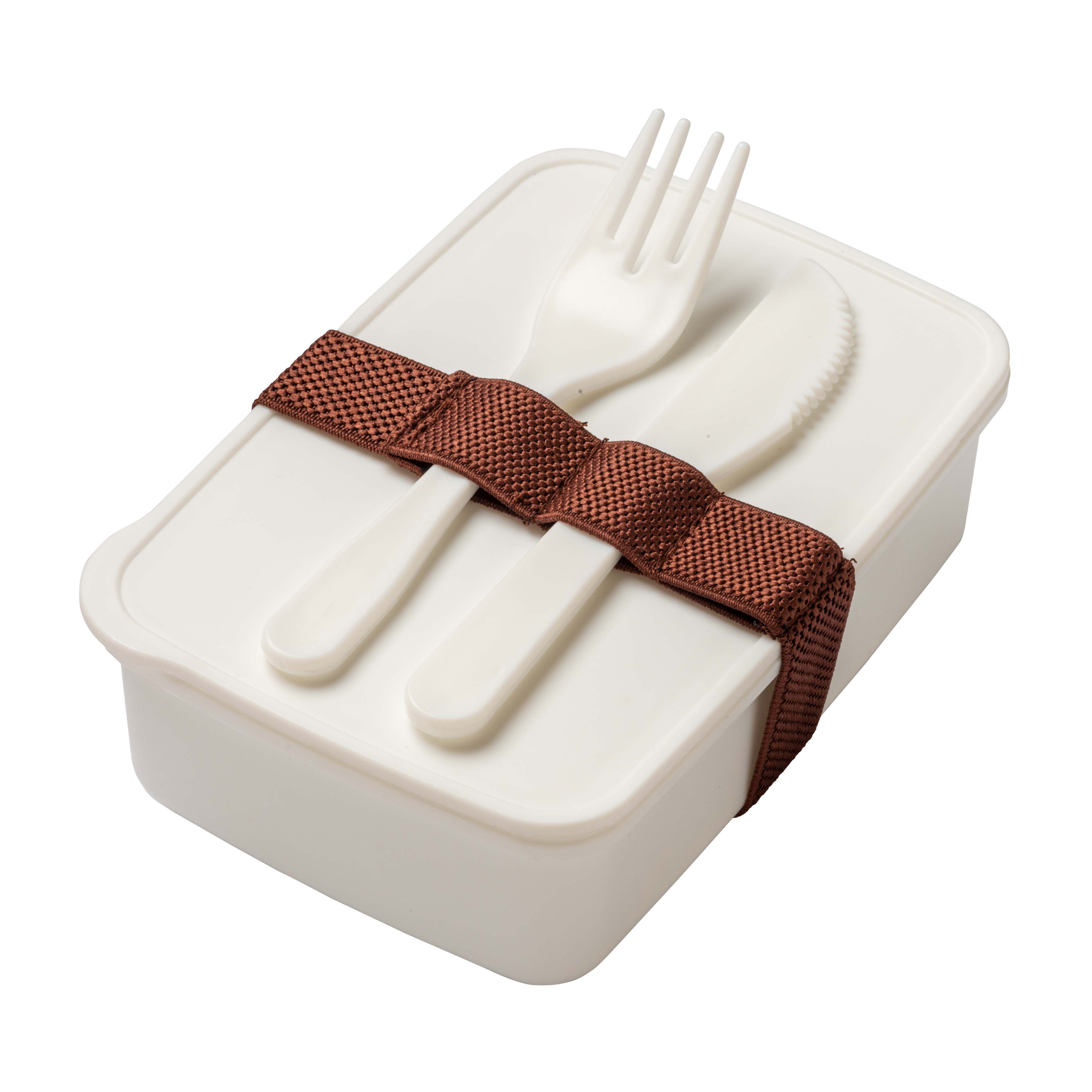 PP lunchbox with cutlery included. NOT SUITABLE TO THE DISHWASHER AND MICROWAVE White