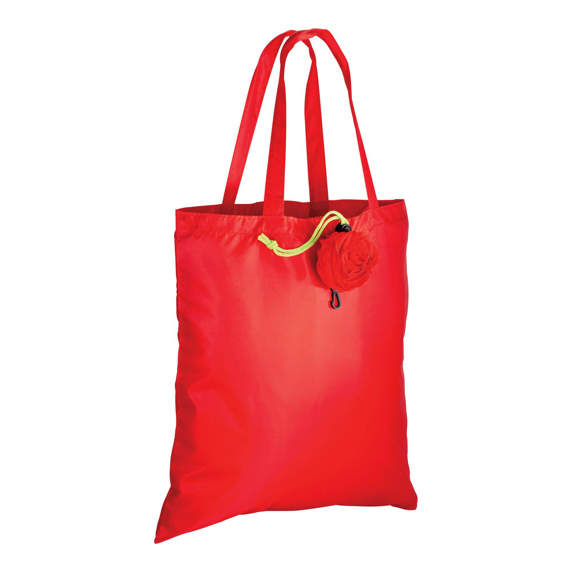 190T polyester, rose-shaped foldable shopping bag with plastic snap hook Red