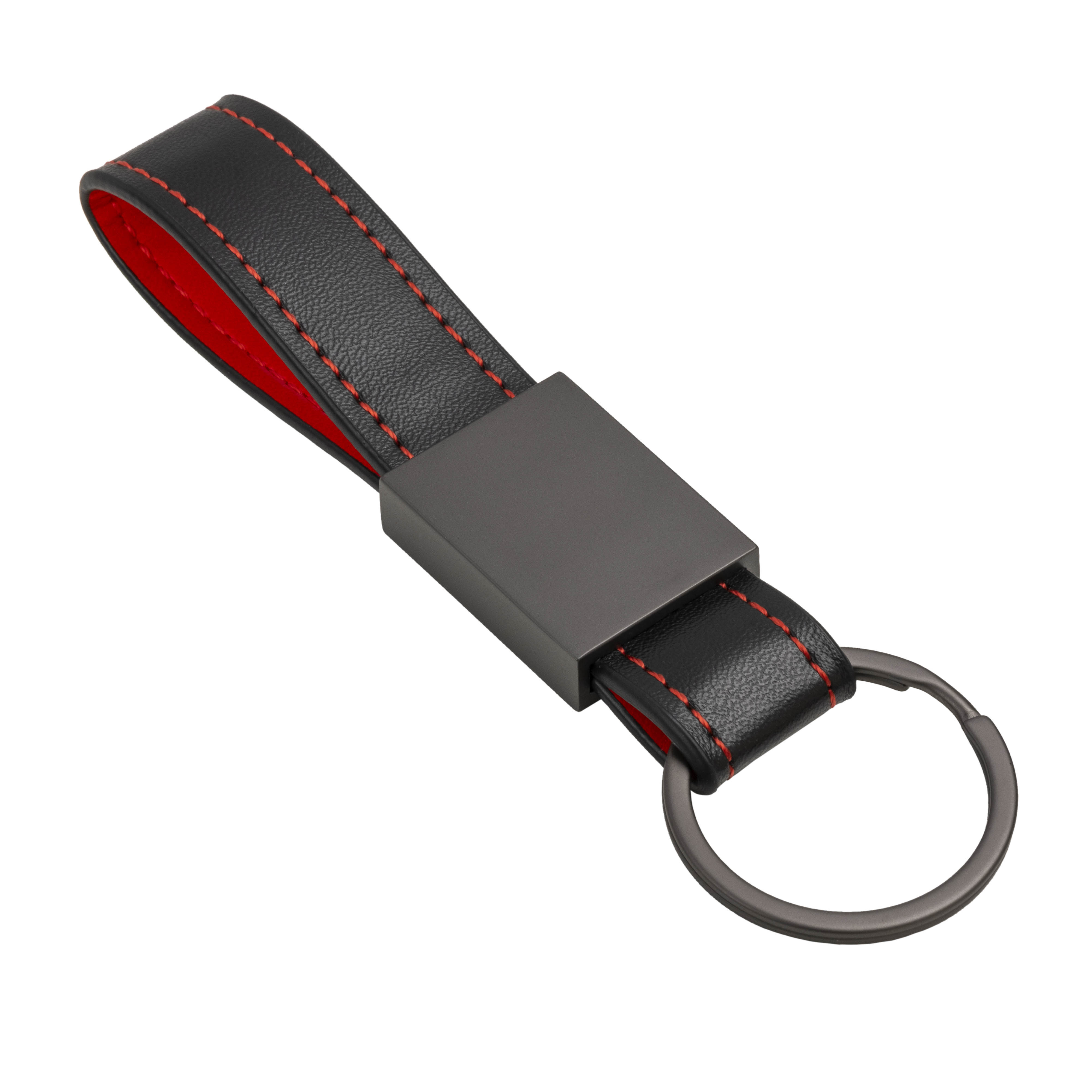 PU keychain with colored stitching with matte black metal plaque and ring Red