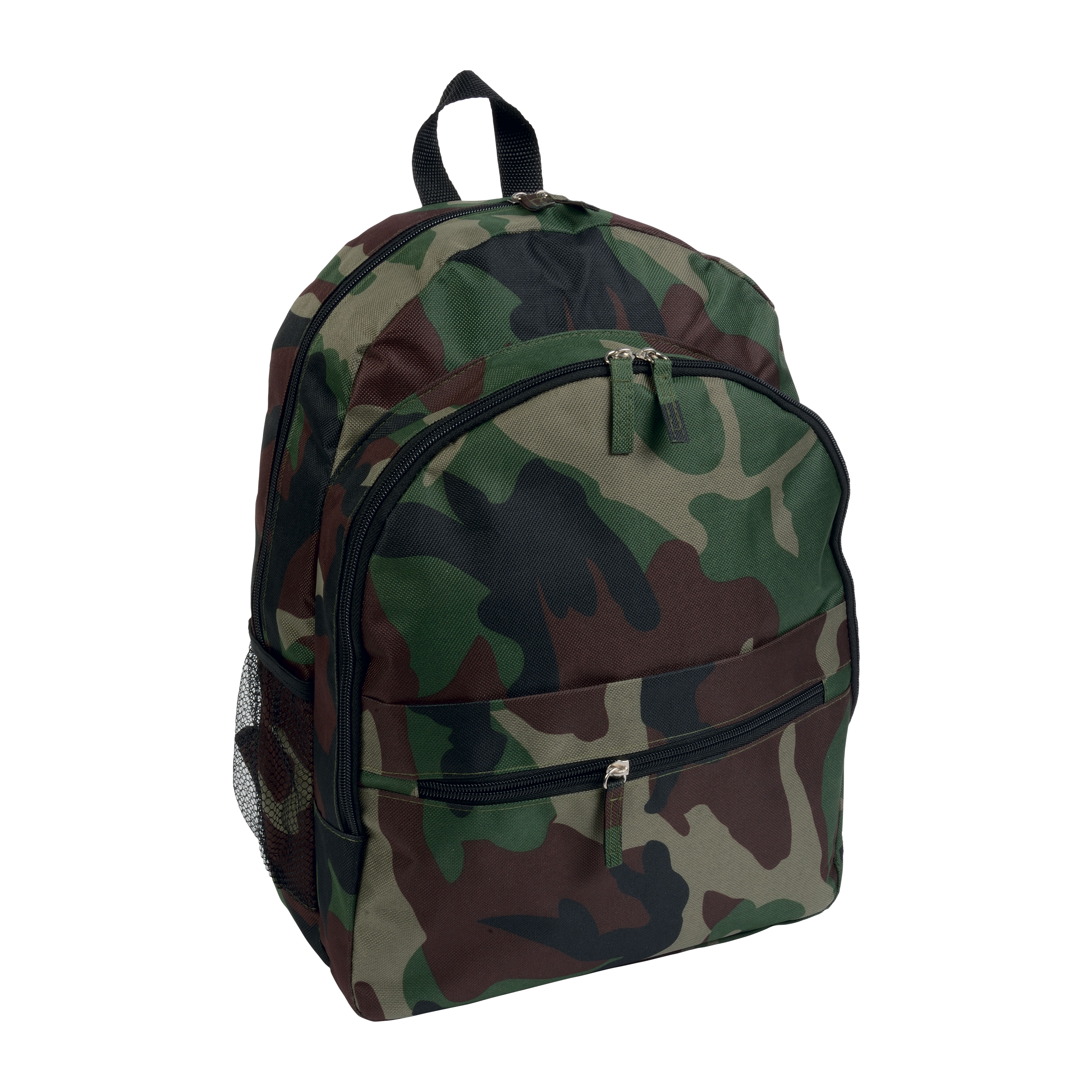 600D polyester 6-pocket backpack (two mesh side pockets). Front pocket with velcro Mimetic