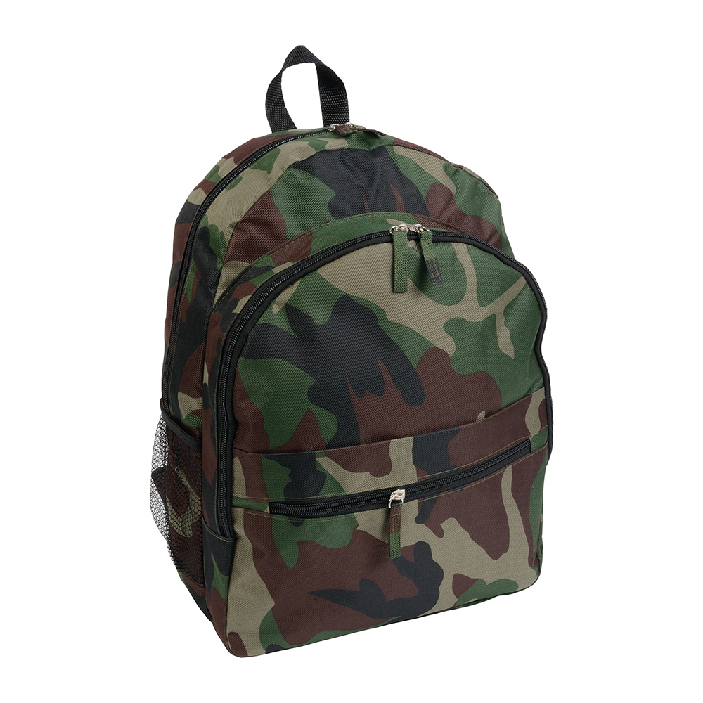 600D polyester 6-pocket backpack (two mesh side pockets). Front pocket with velcro Mimetic