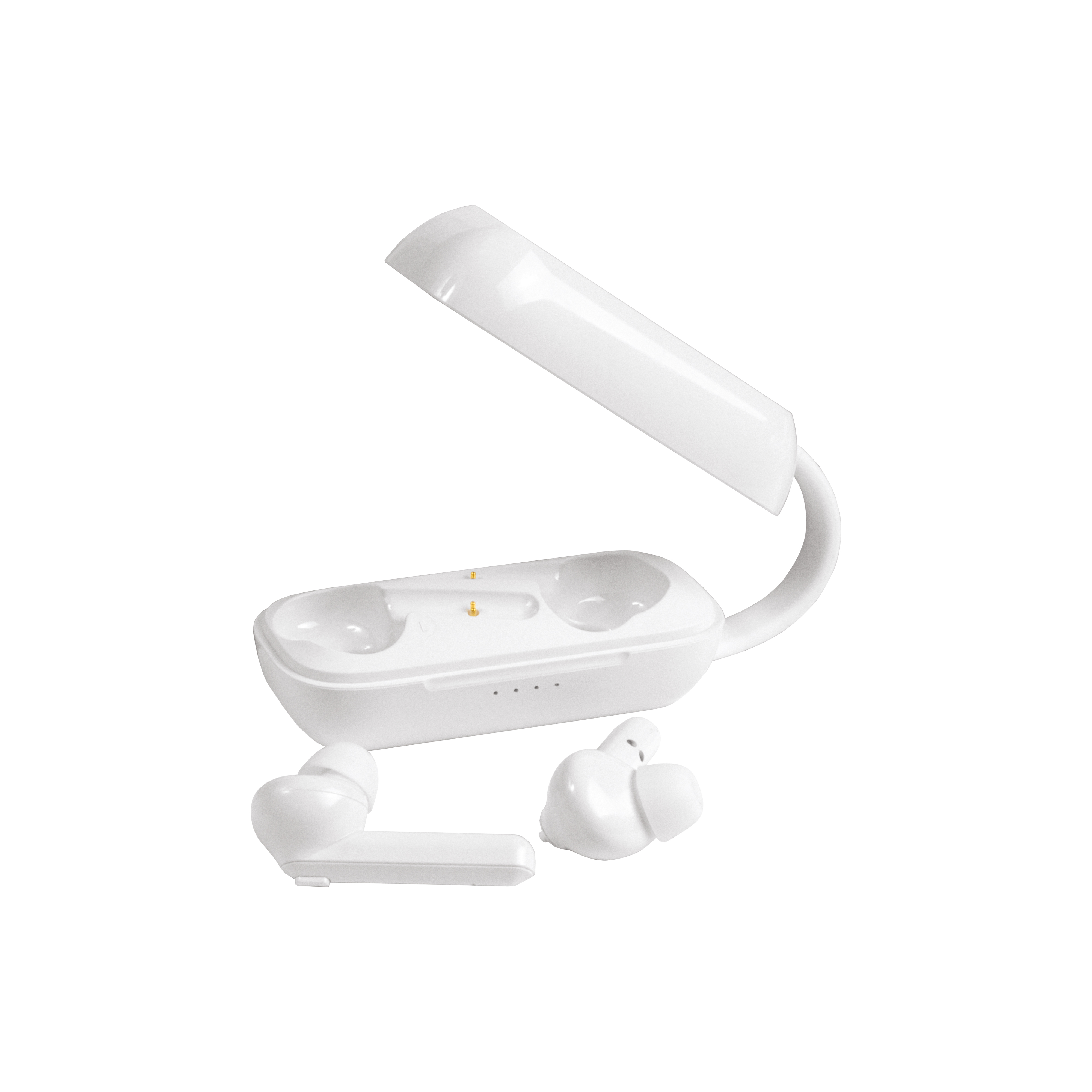 Bluetooth earbuds with charging box, with silicone handle and micro USB cable included White