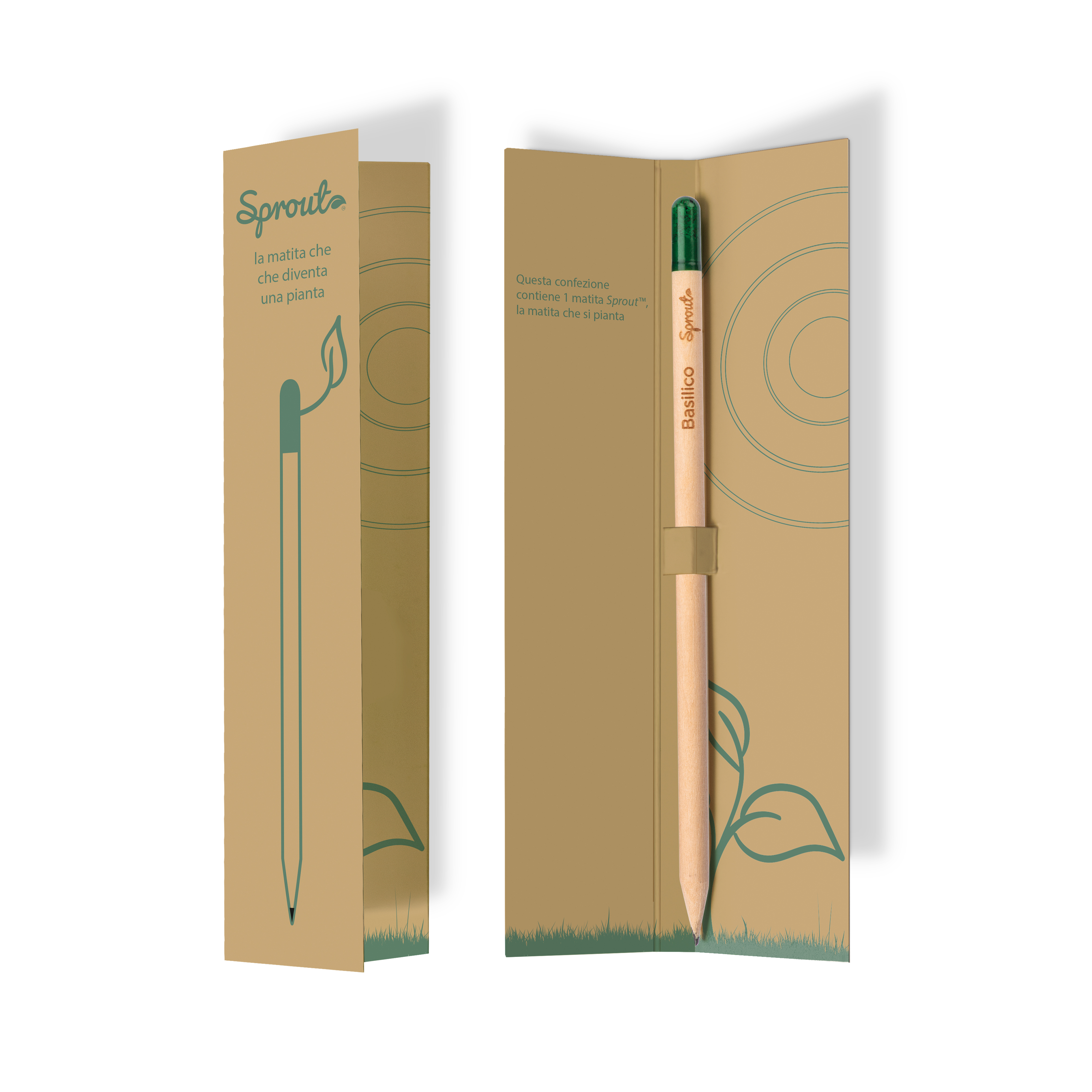 Sprout pencil case with infographic in Italian, English, and French illustrating use Natural