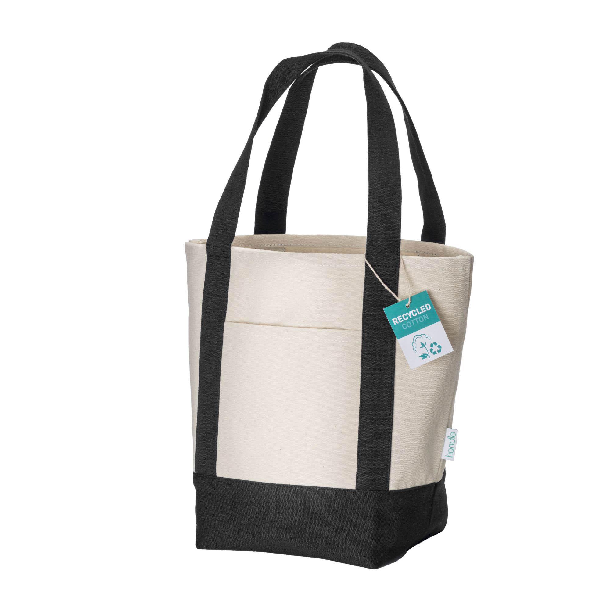 Mini shopper bag made of 340 g/m2 recycled cotton with colorful handles and base. GRS Black