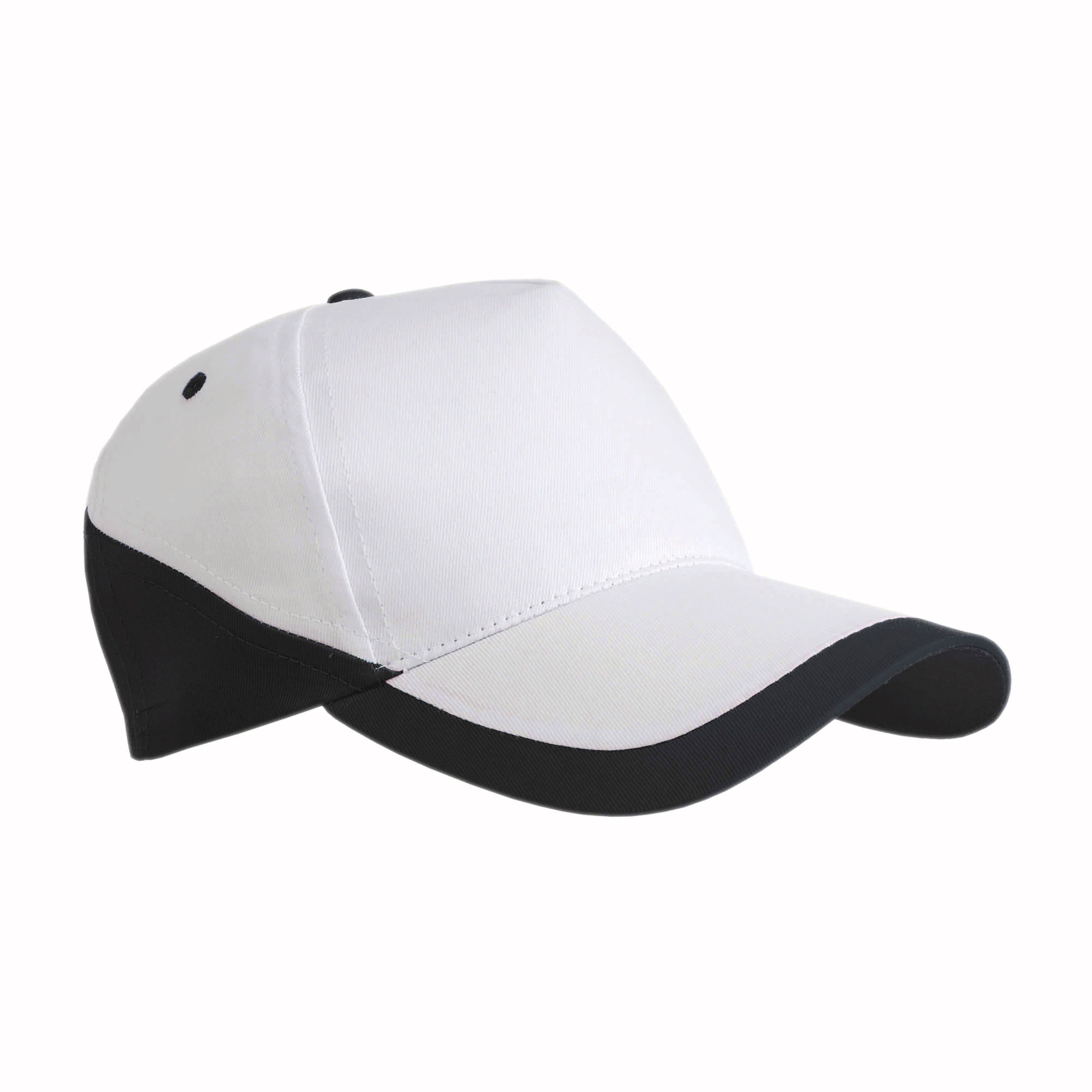 Cotton 5-panel cap with white base and coloured edges, adjustable velcro strap Black
