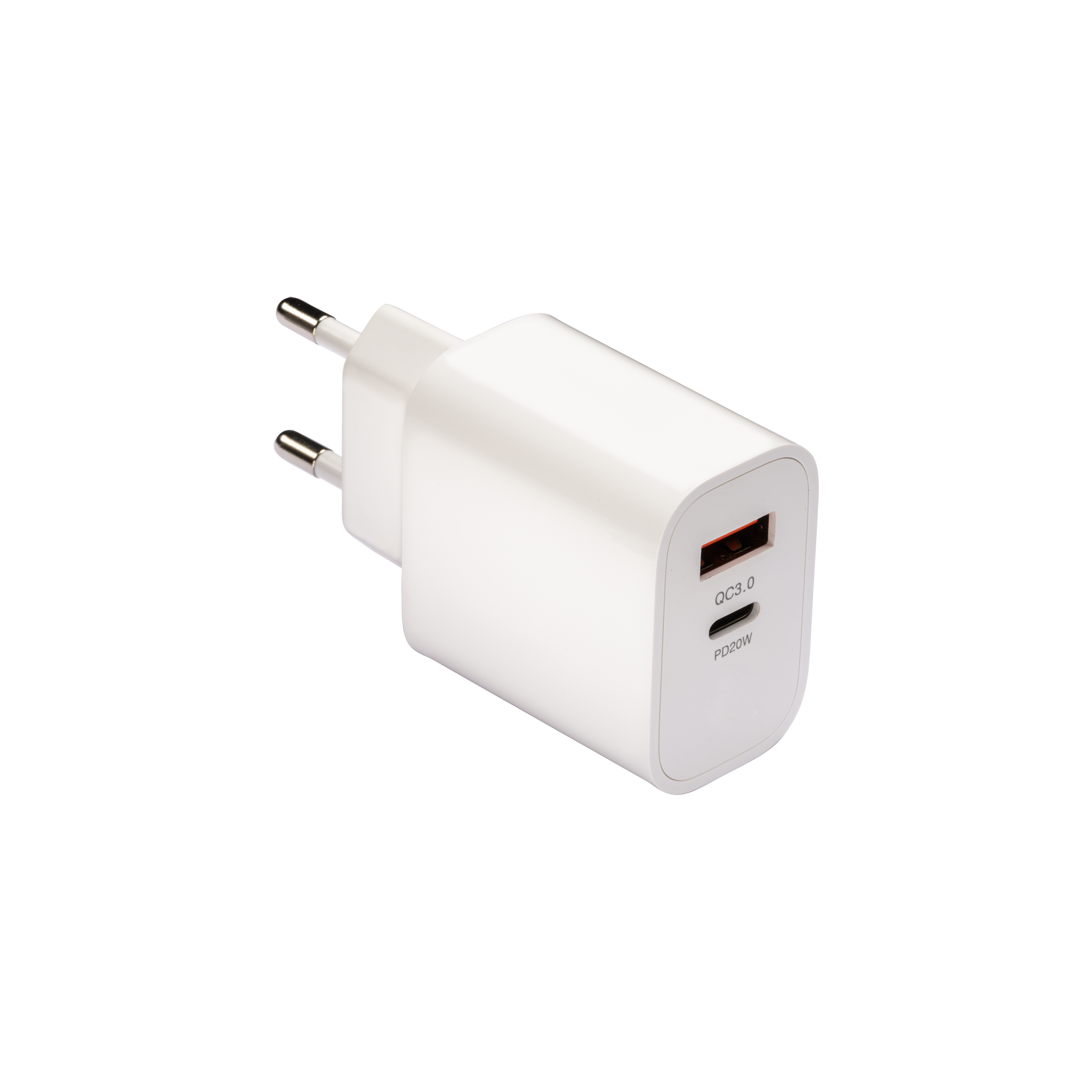 ABS USB wall charger with 1 USB A port and 1 USB-C port. With 2-pin European plug White