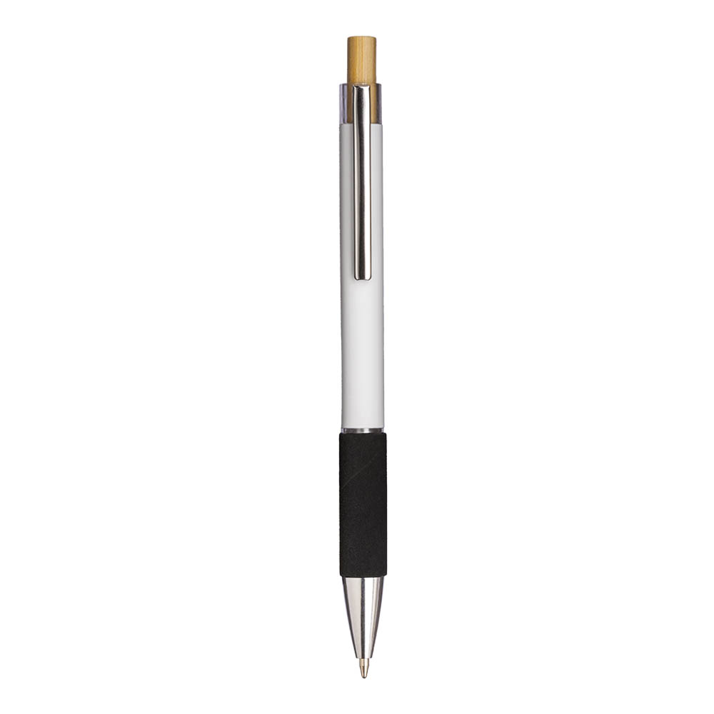 Click pen in aluminum. Colored grip with velvety effect, clip and metal details Black