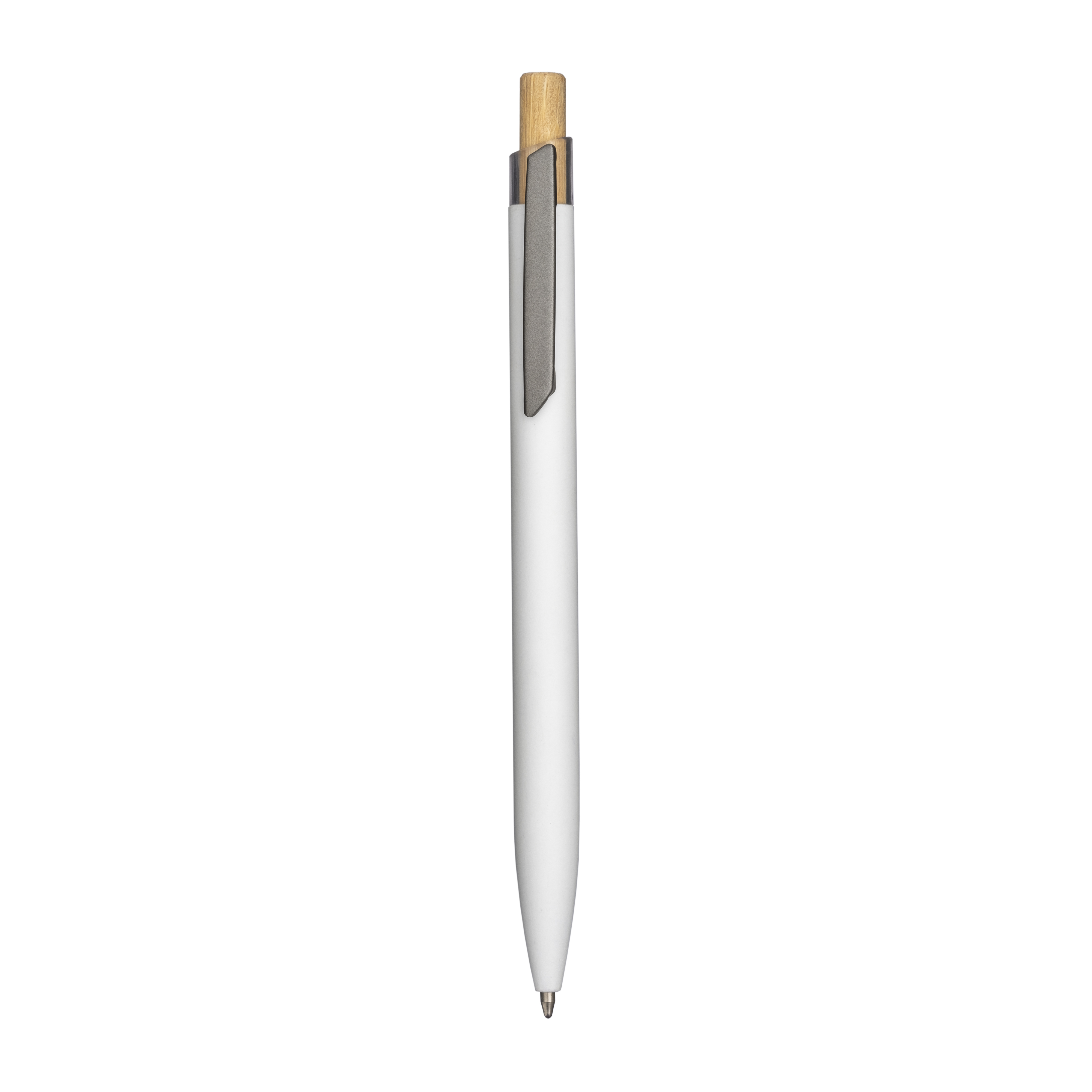 Rubberized recycled aluminum snap pen. Burnished details , bamboo button White