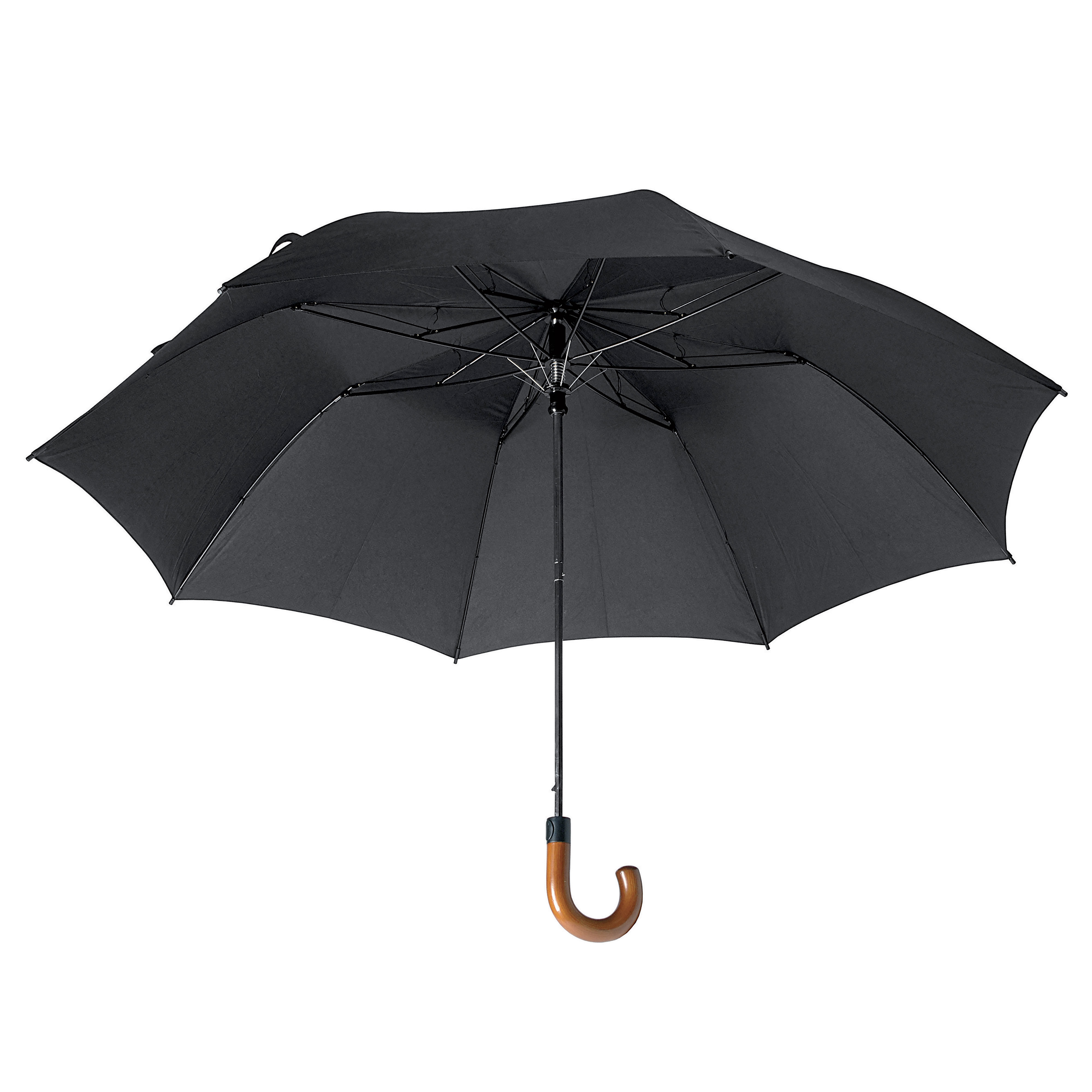Automatic umbrella with curved wood handle and matching pouch Black