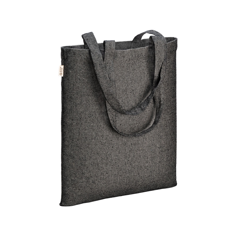 Recycled cotton shopper bag 300 g/m2 with melange effect. Long handles Black