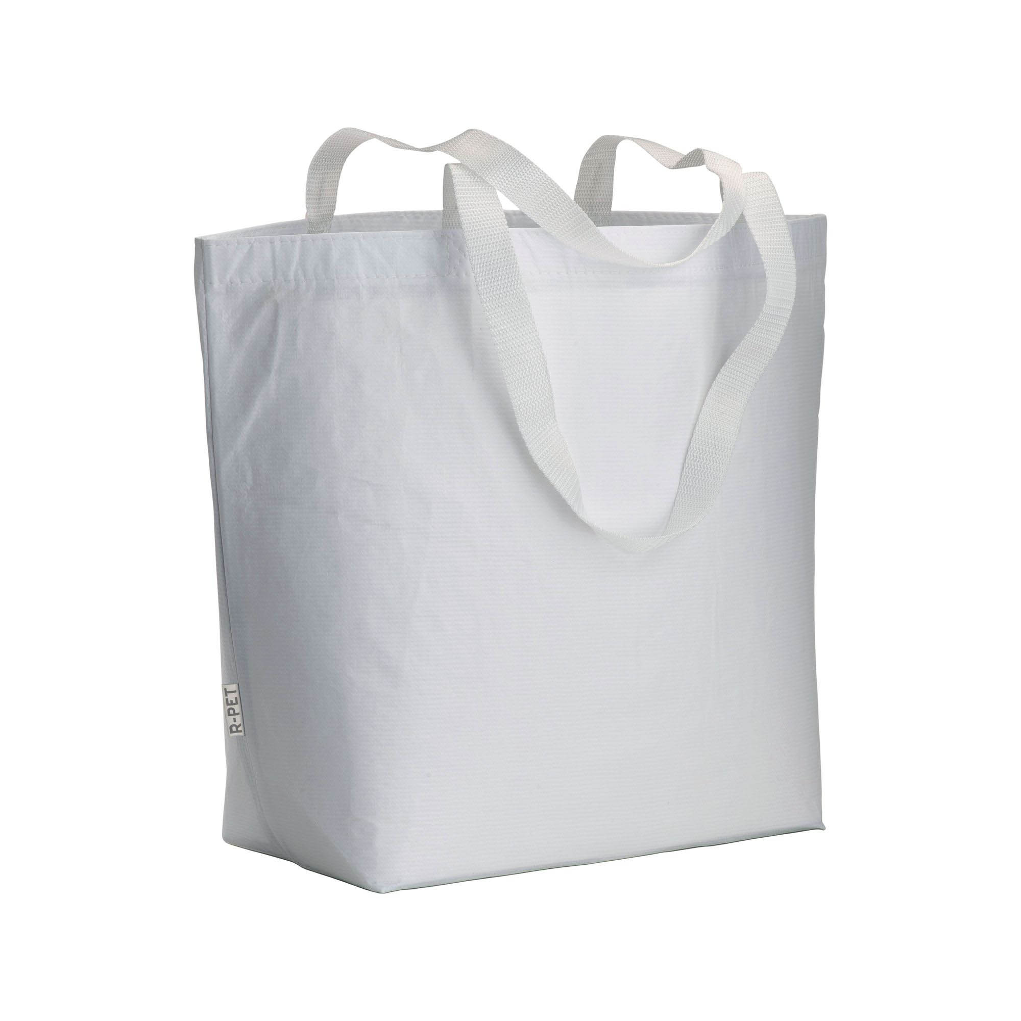 Recycled Pet (R-PET) laminated shopping bag with gusset at the base-long polyester handles White