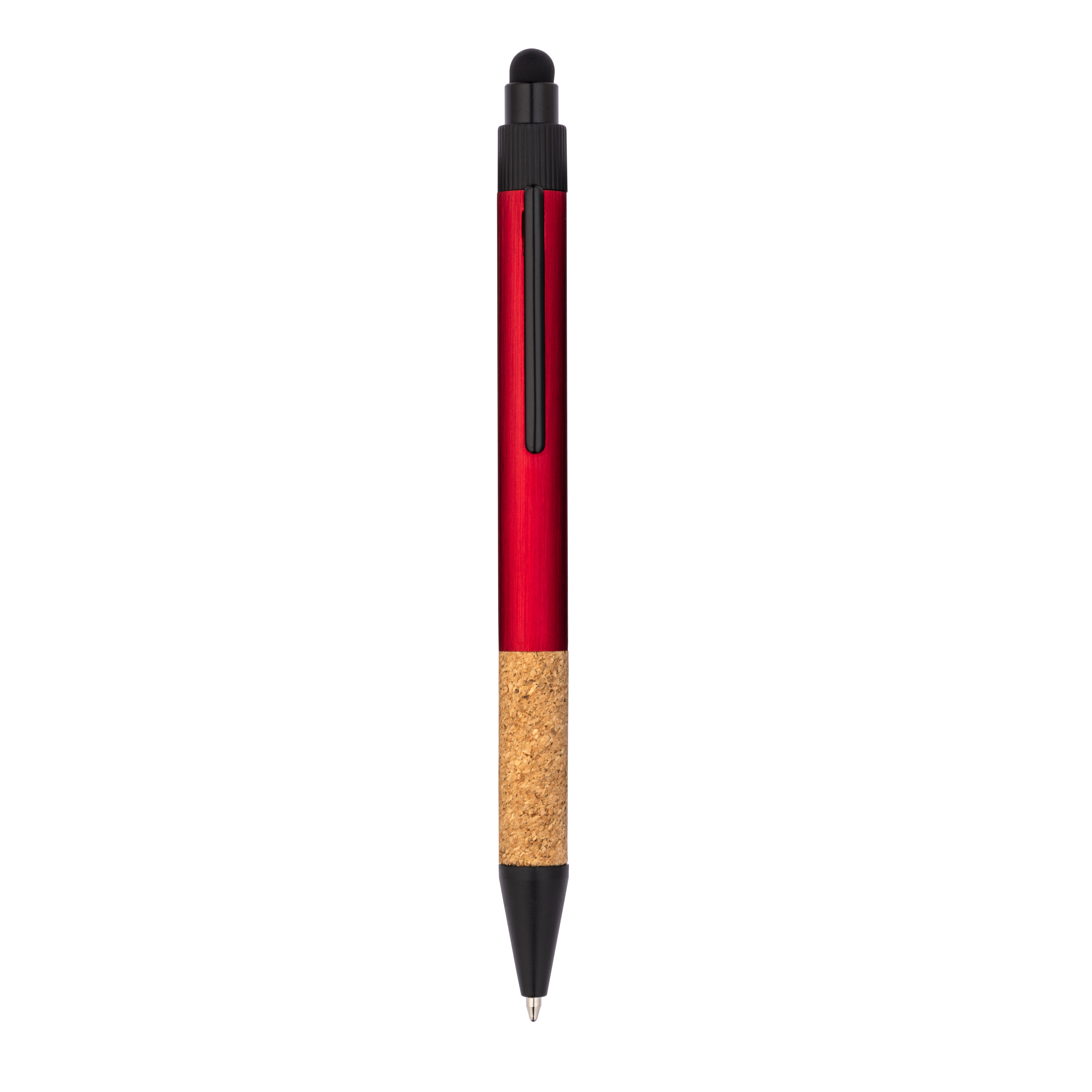 Recycled aluminium snap pen with cork grip and touchscreen Red