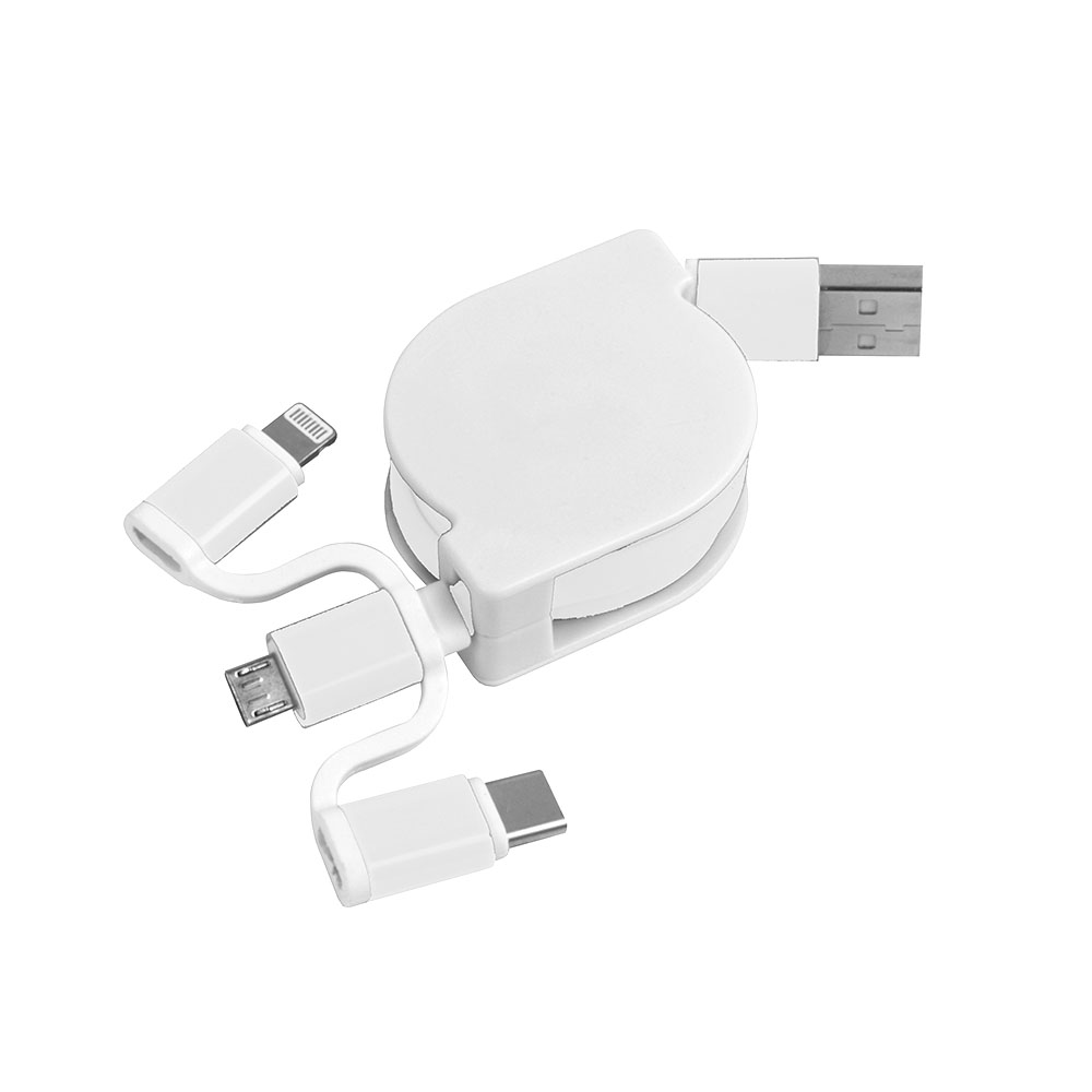 Retractable charging cable USB, Type-C, lightning and micro USB White