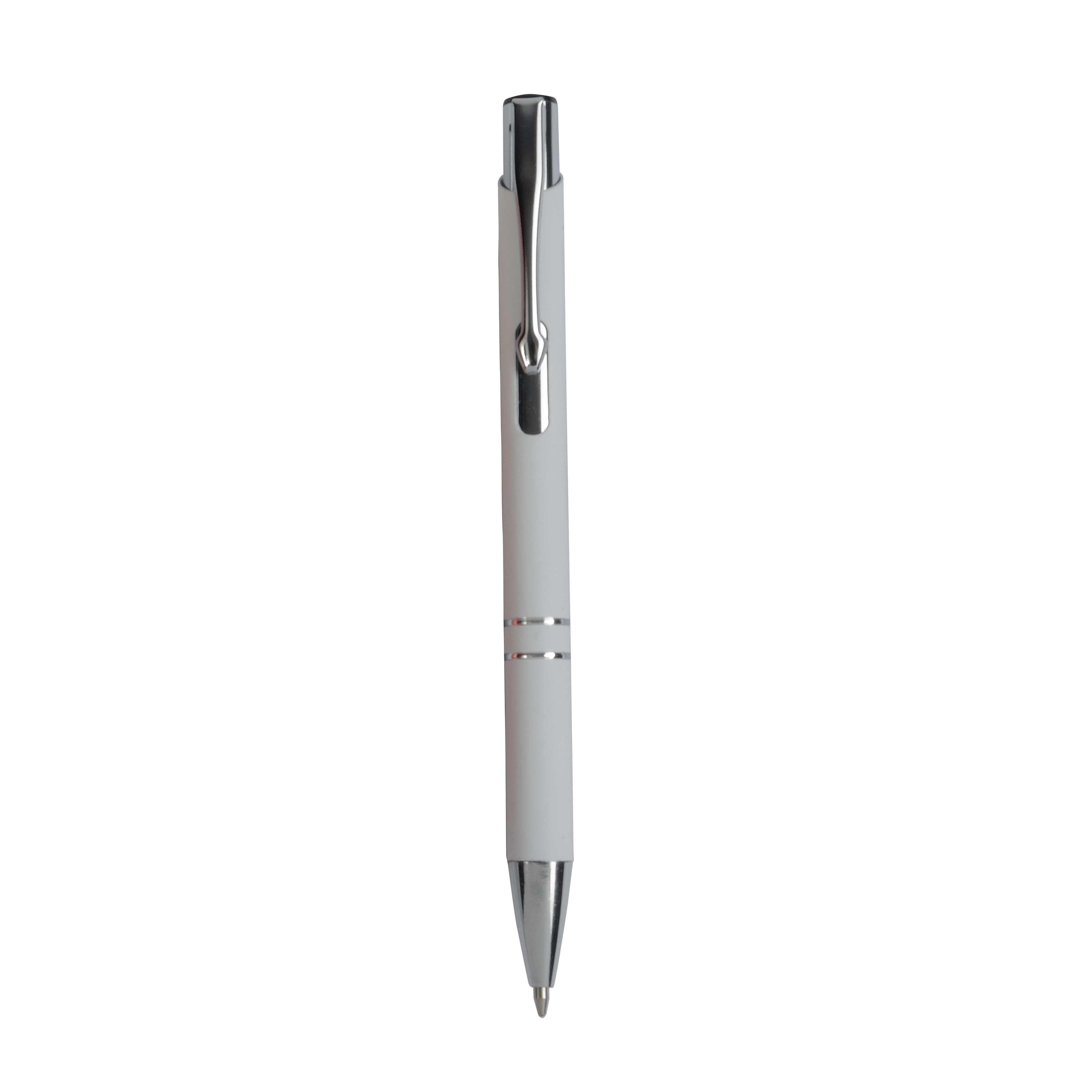 Aluminium snap pen with rubberised grip with 2 chrome trim rings White