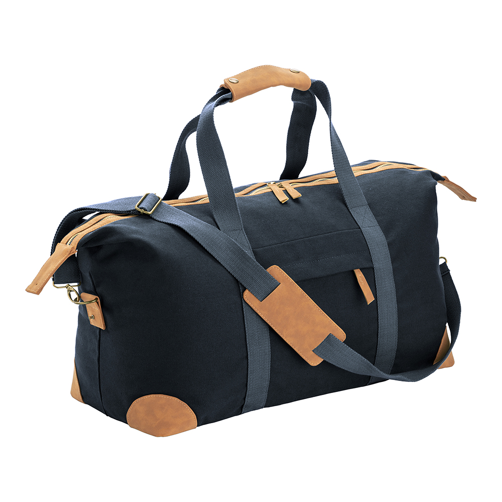Recycled canvas duffle bag. Adjustable and removable shoulder strap with metal buckles Blue