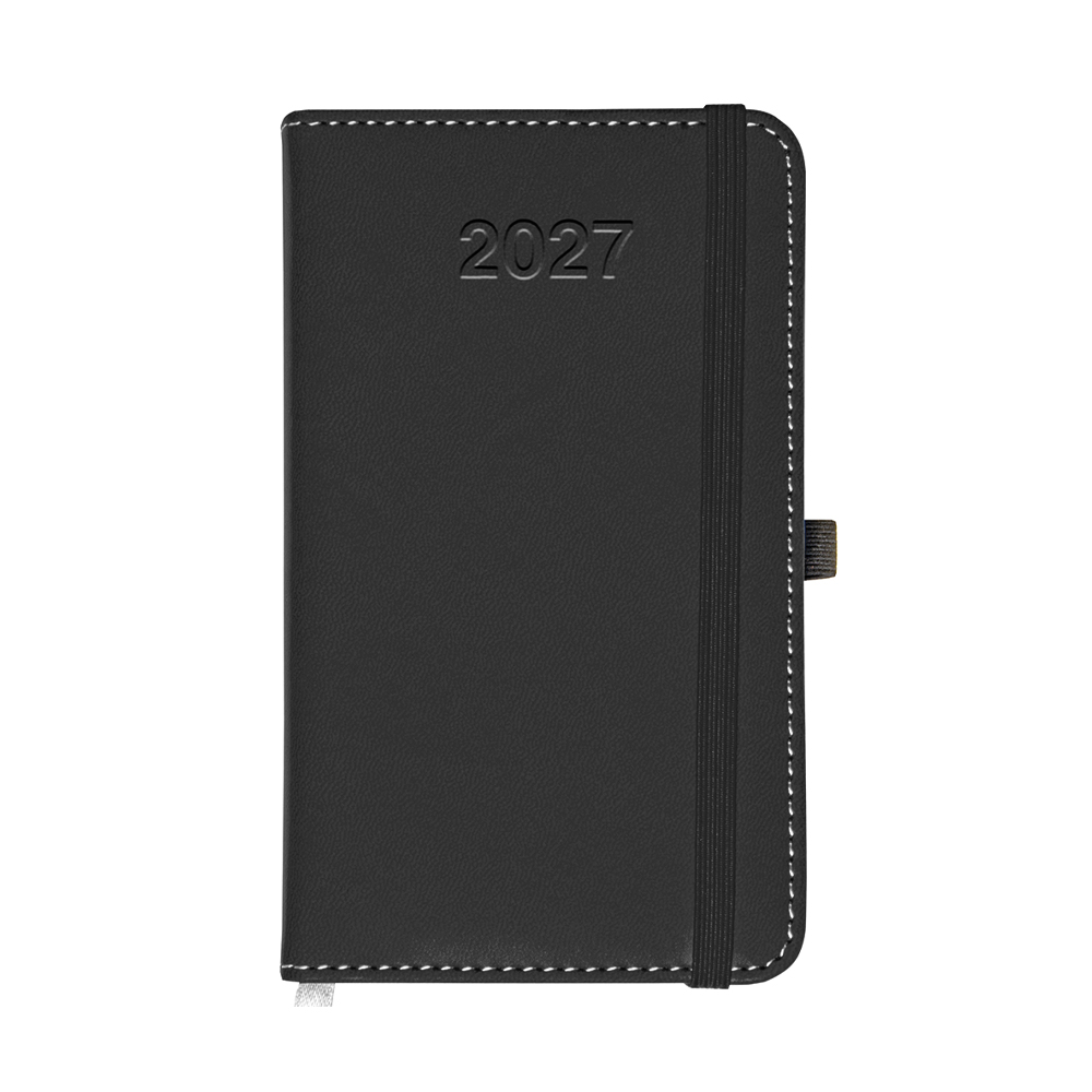 Weekly pocket diary for 2027, thermo-varnished PU hard cover with stitching Black