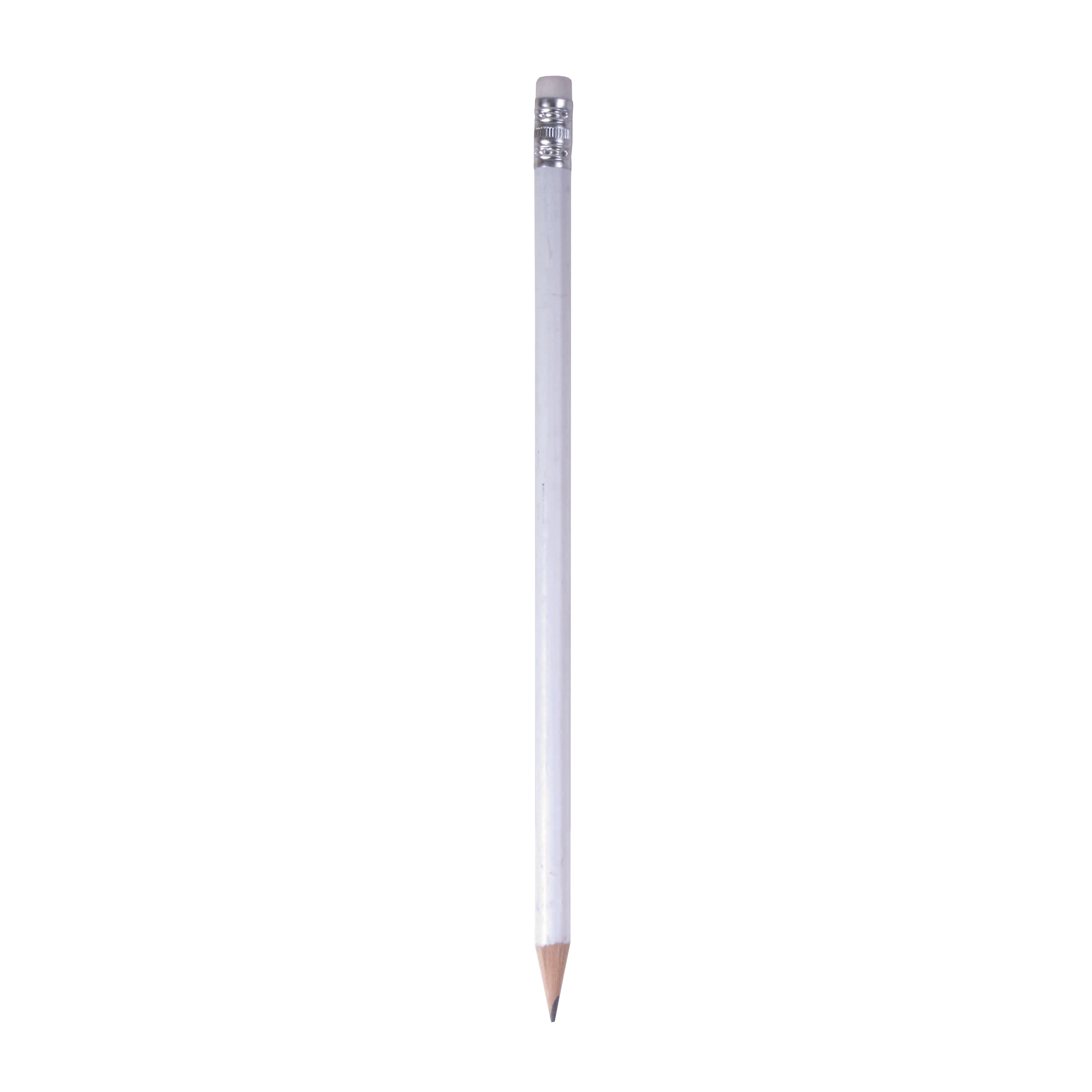 Wooden pencil with graphite lead, cylindrical cross-section and white rubber, sharpened White
