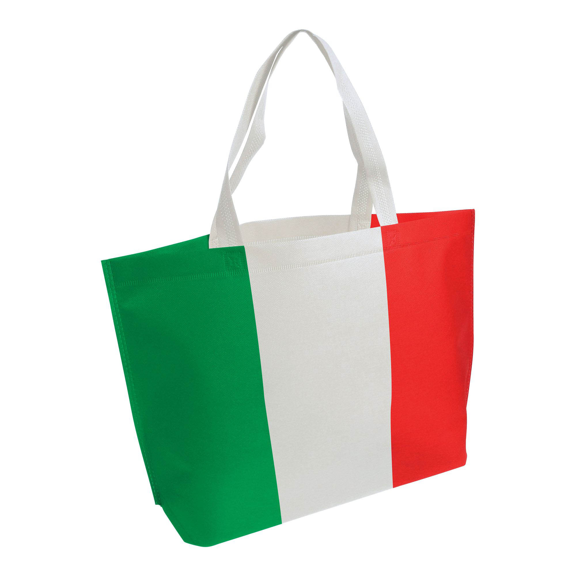 Non-woven thermowelved shopping bag with gusset, long handles with tricolor printing Tricolourit