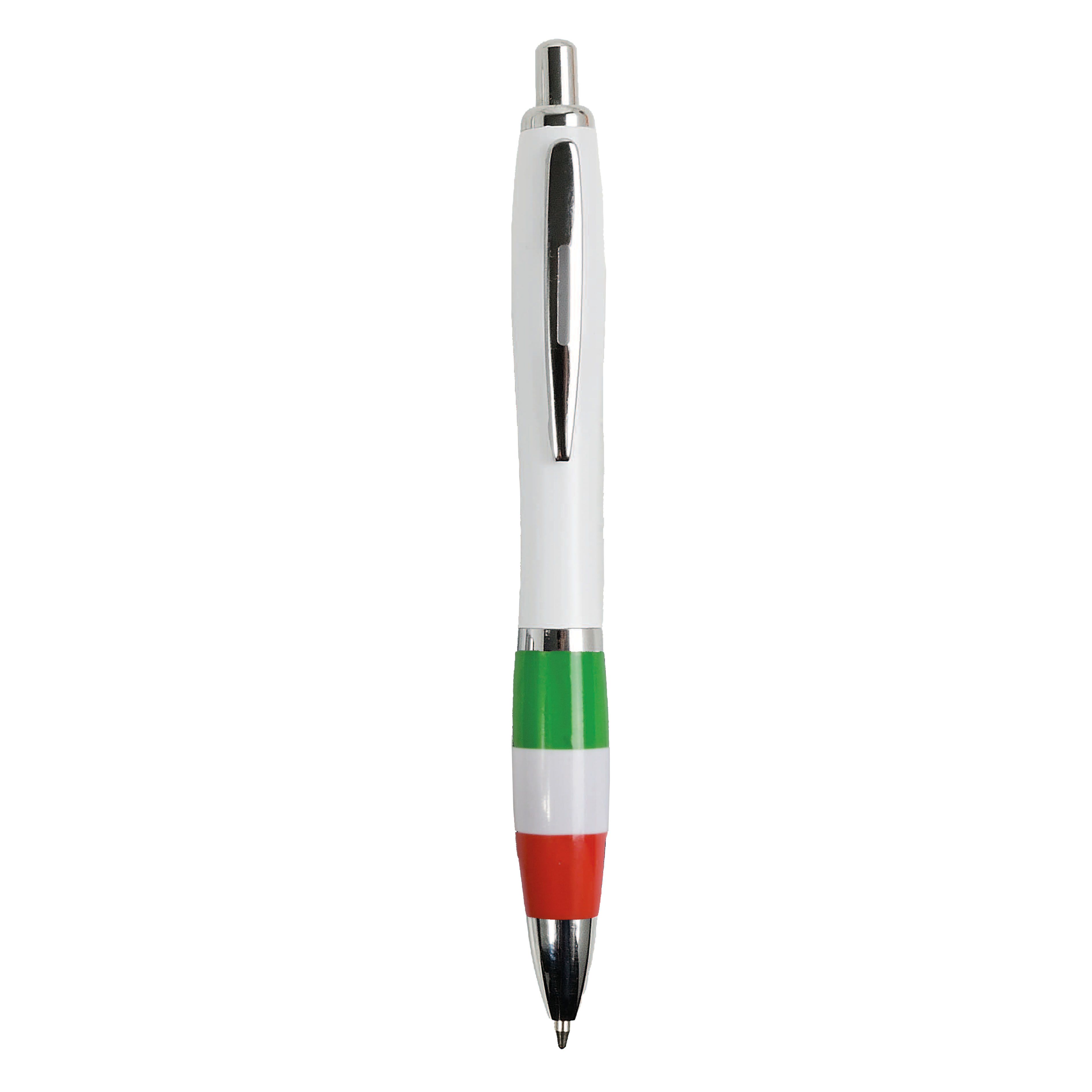 ABS plastic snap pen with white barrel, Italian flag-coloured grip and metal clip Tricolourit