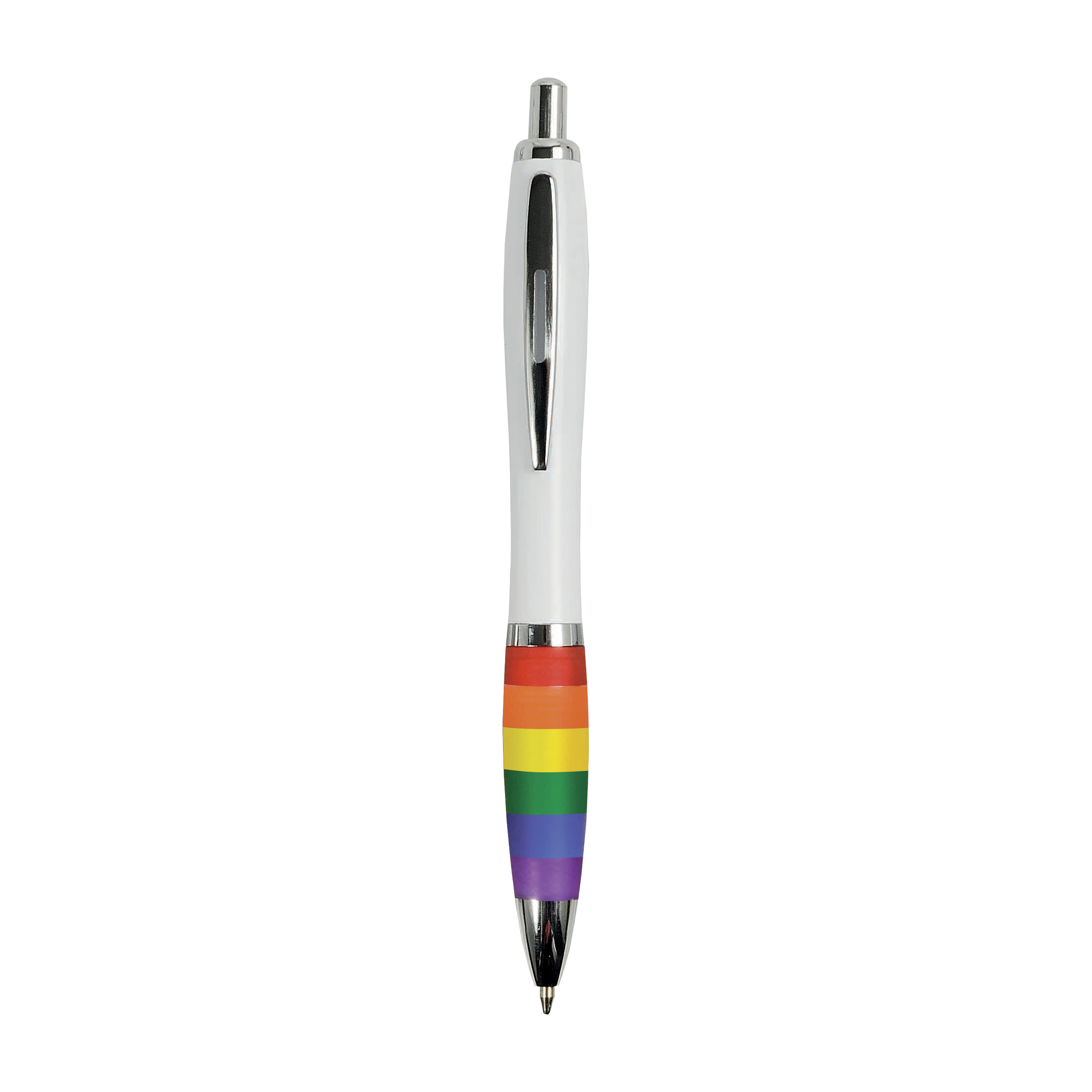 ABS plastic snap pen with white barrel, rainbow coloured grip and metal clip Multicolor
