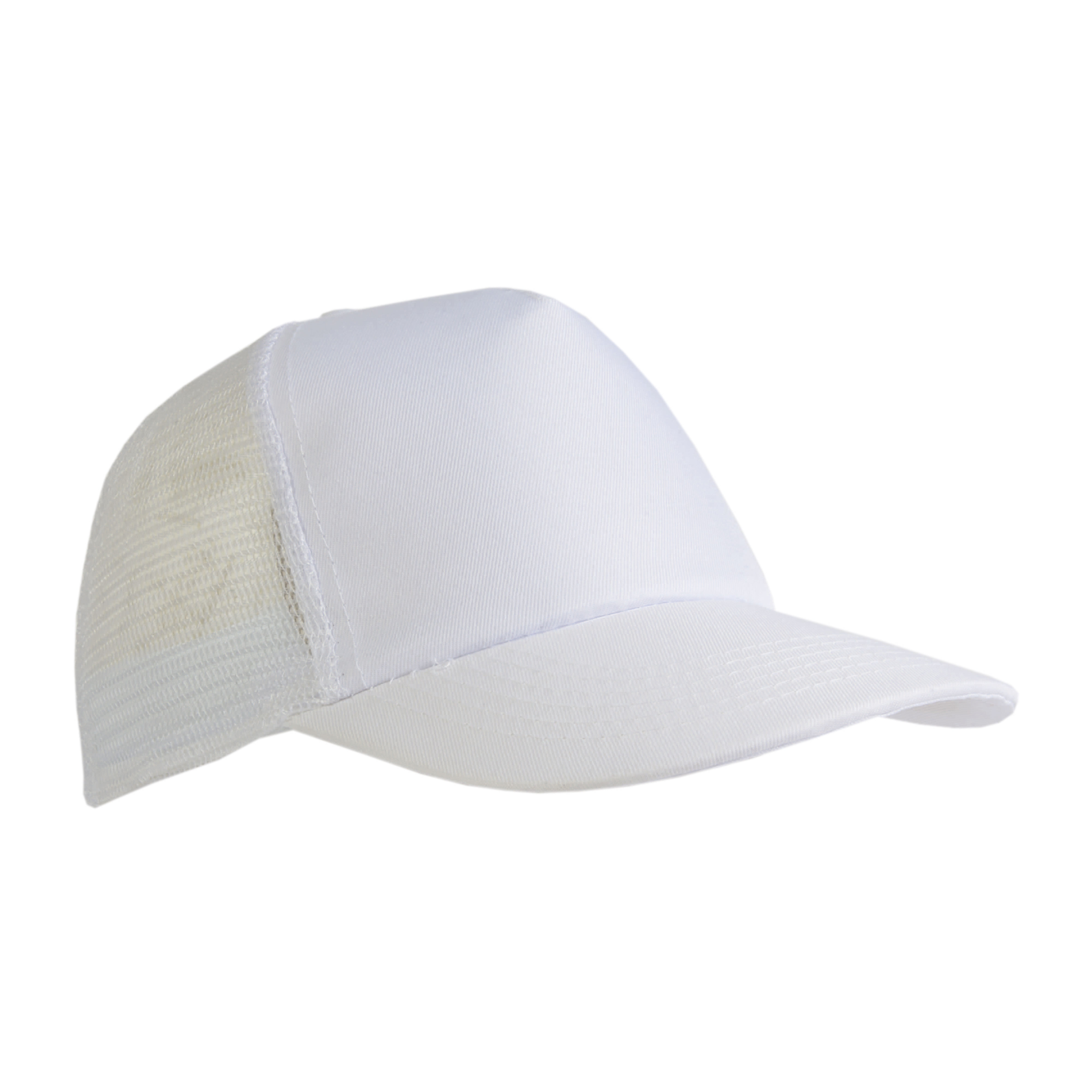 Polyester 5-panel cap with mesh crown and adjustable velcro strap White