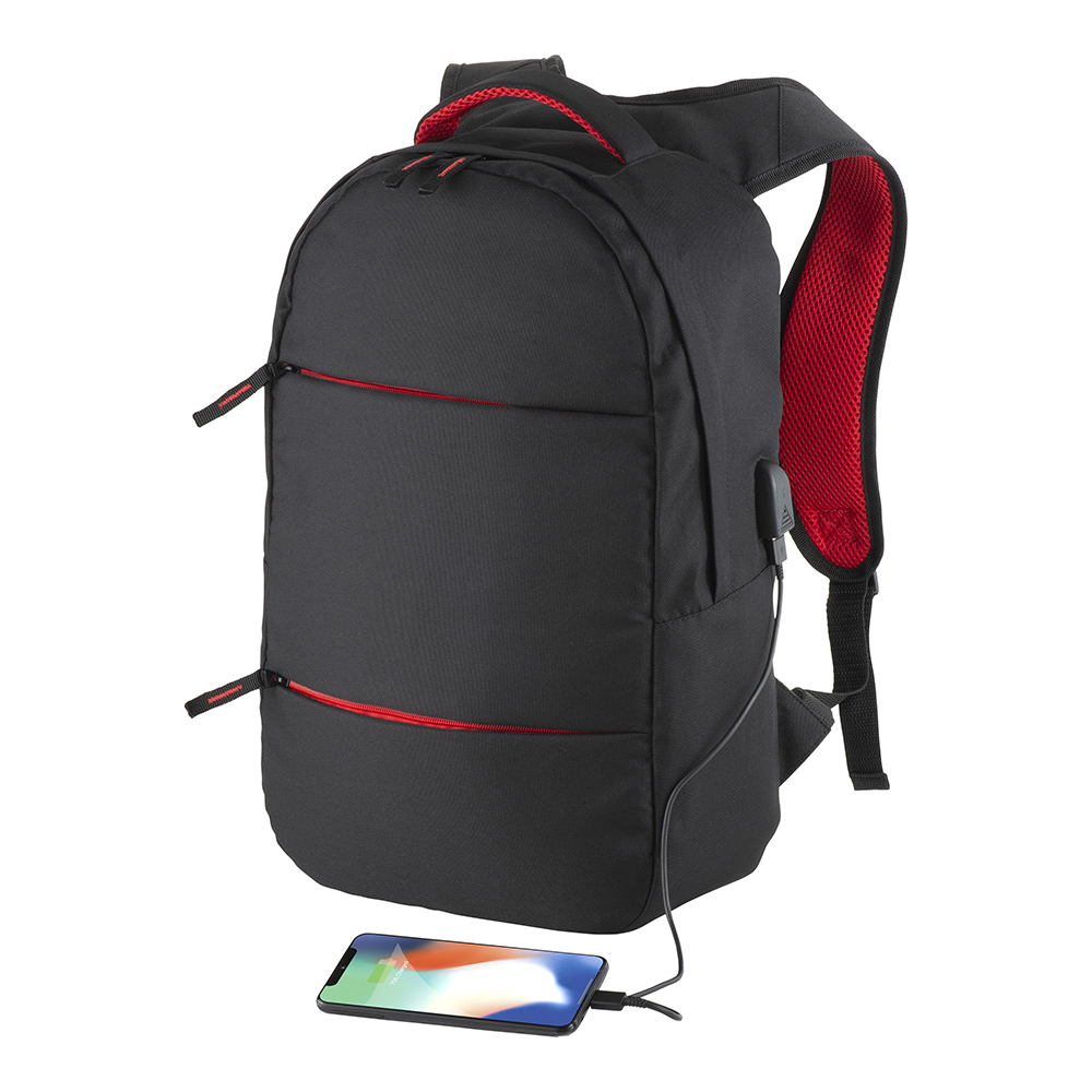 600D polyester PC backpack. Main laptop pocket and 3 front pockets. Breathable material Red