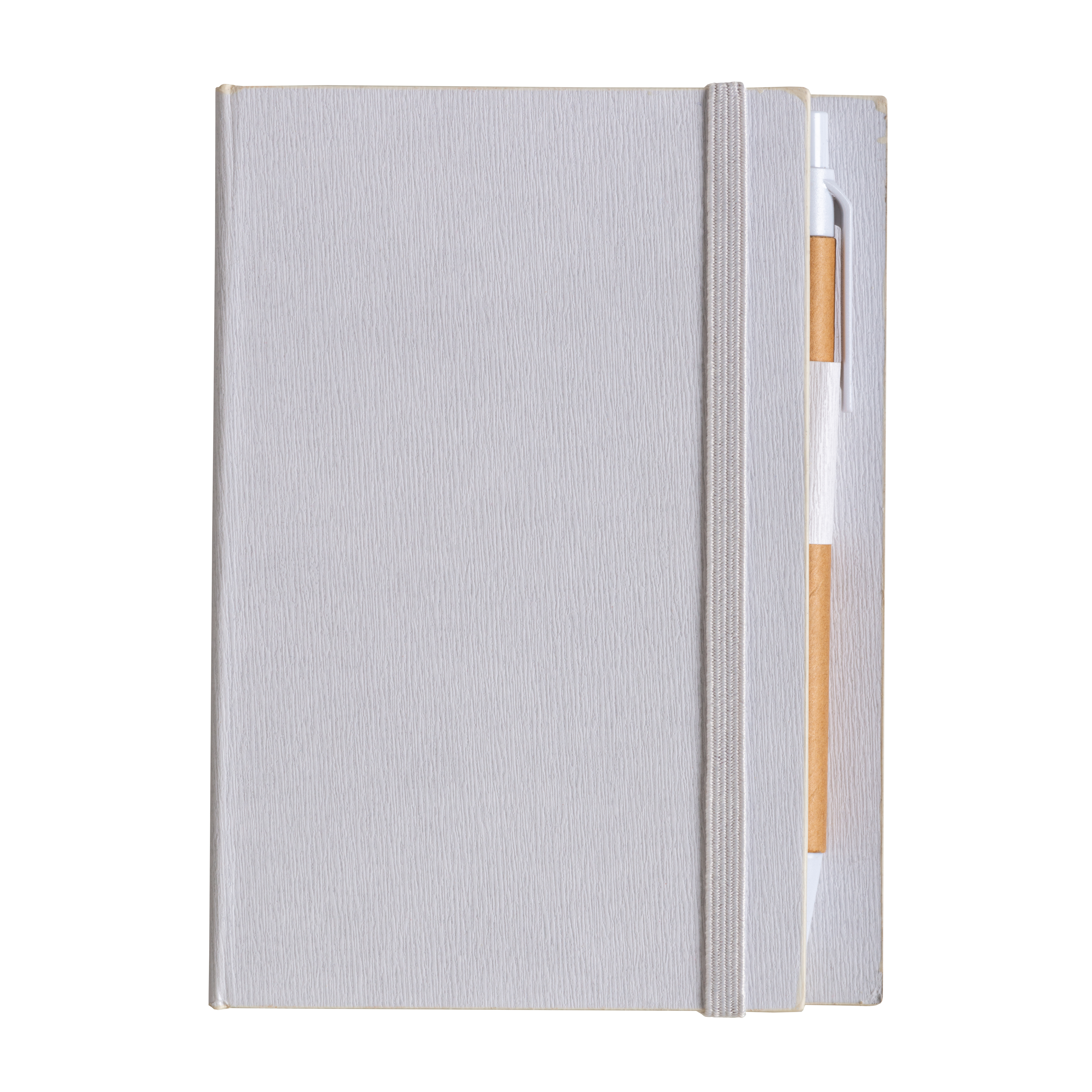 Cardboard notepad with coloured elastic, pen, ruled sheets (70 pages) and sticky notes White