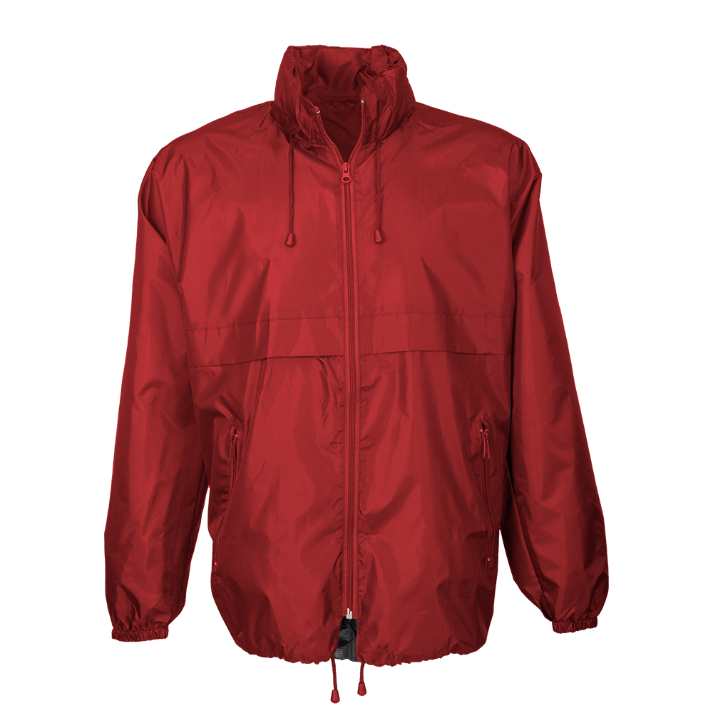 190T polyester windbreaker with fold-away hood with zip. Folds up into a waist bag Red S