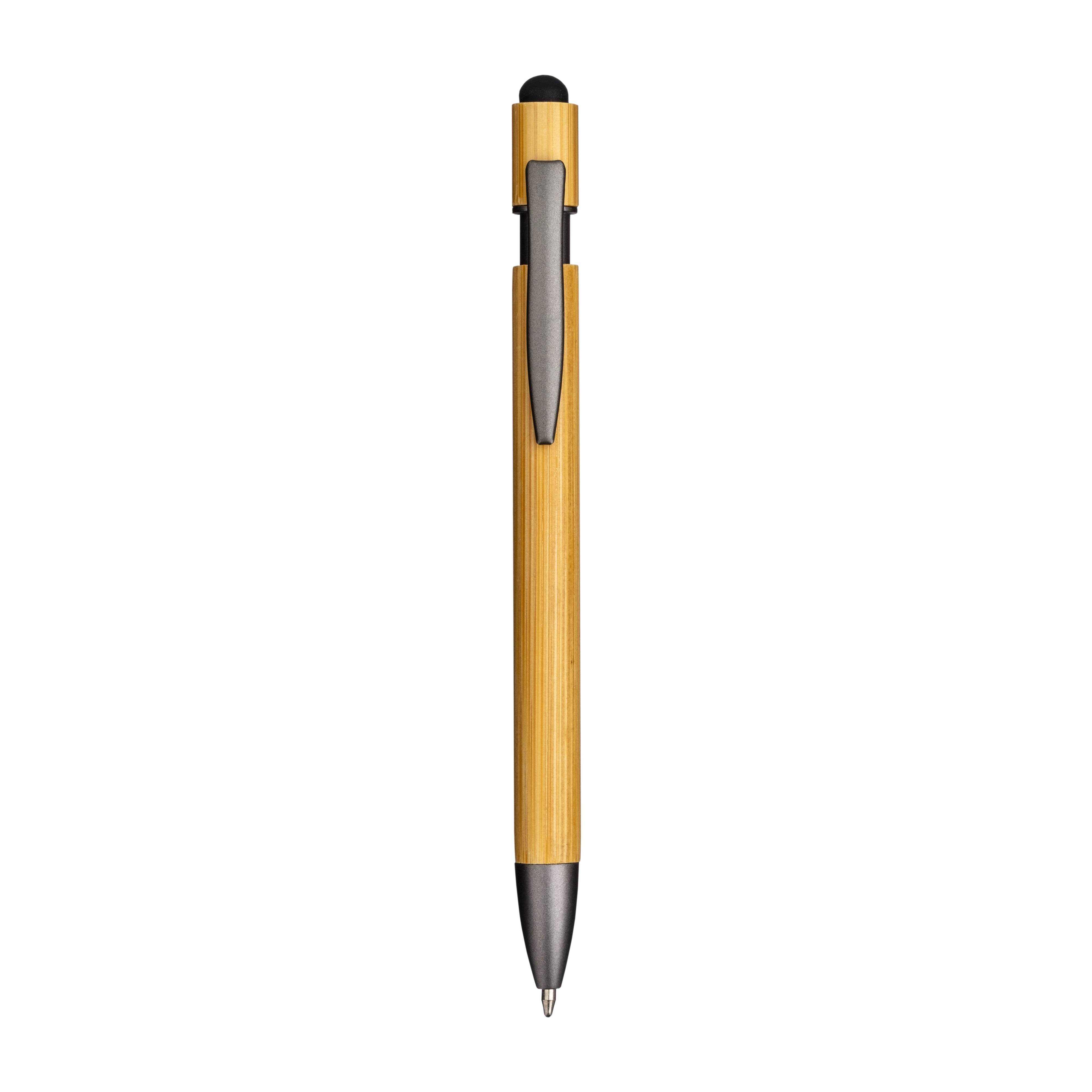 Bamboo and metal click pen. Burnished details and touch screen grommet Black