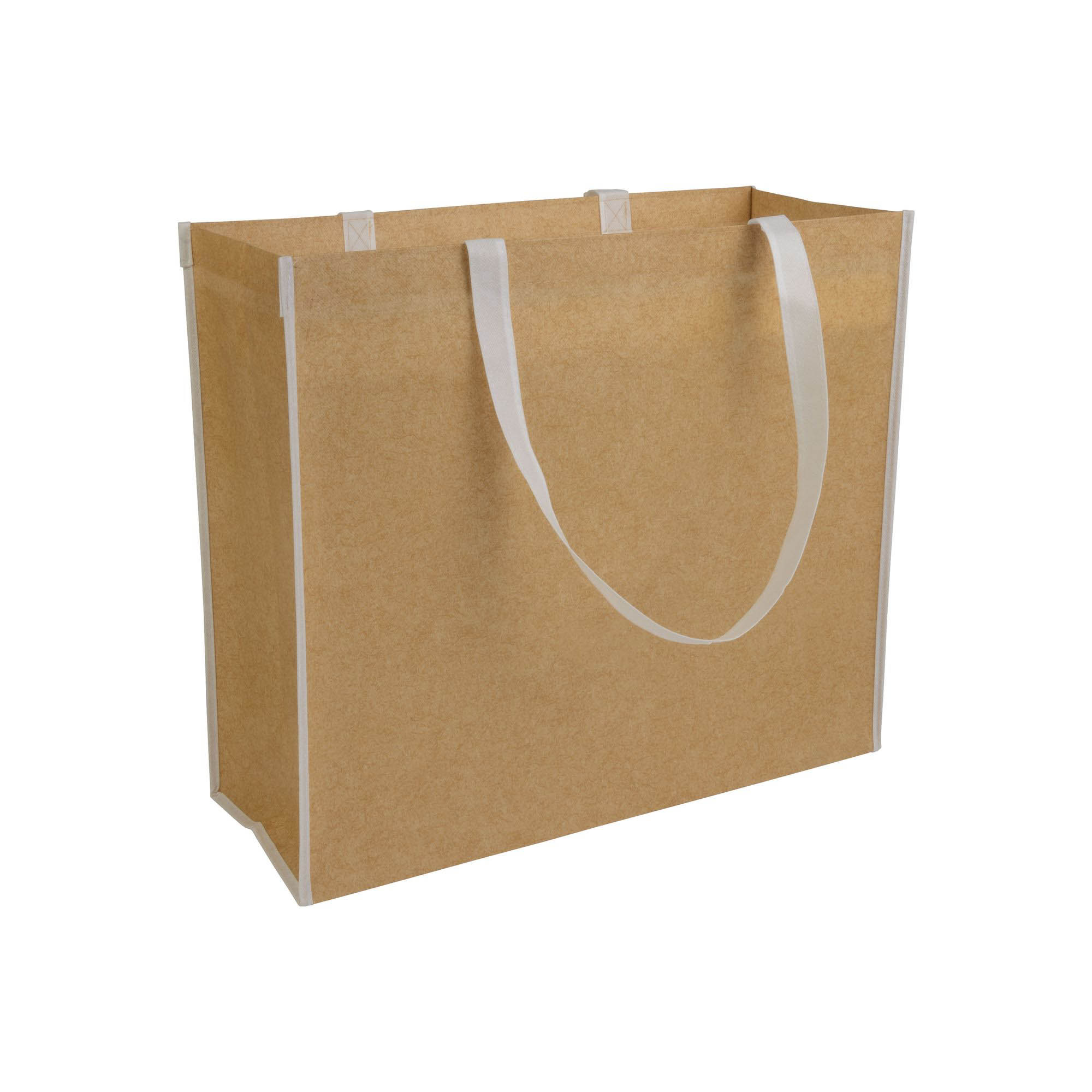 Not woven laminated shopping bag with long colored handles and gusset White