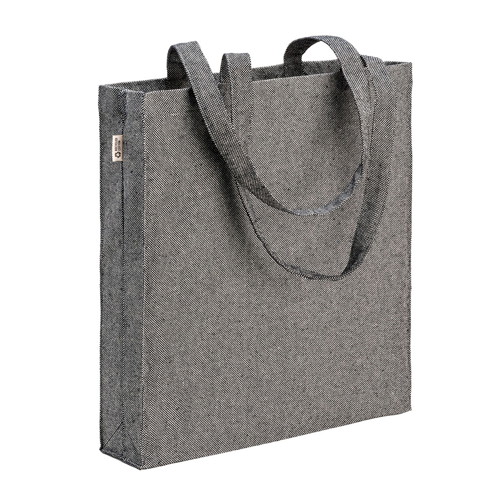 Recycled cotton shopper bag 300 g/m2 with melange effect. Long handles and gusset Black