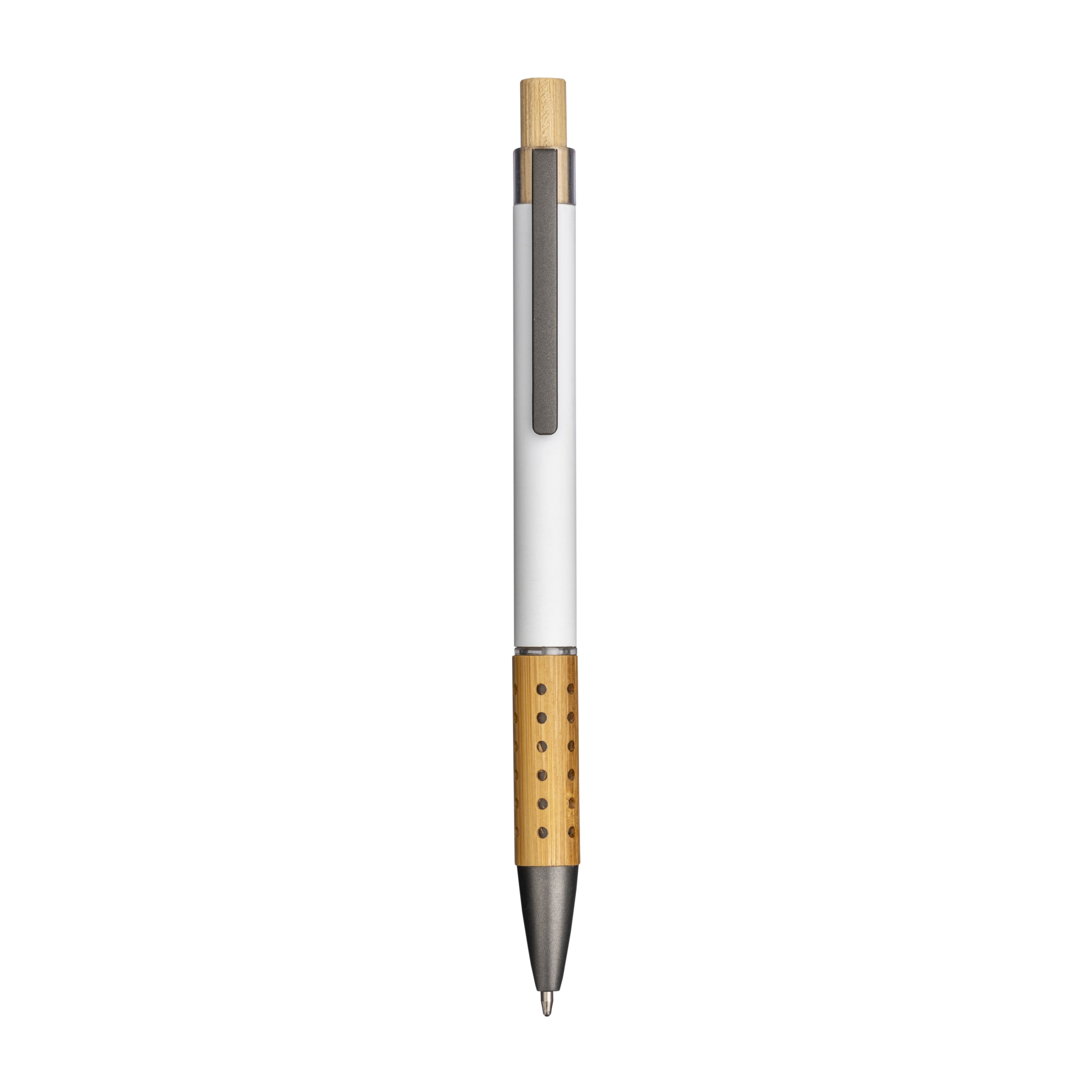 Rubberized recycled aluminum snap pen. Burnished details , bamboo button and grip White