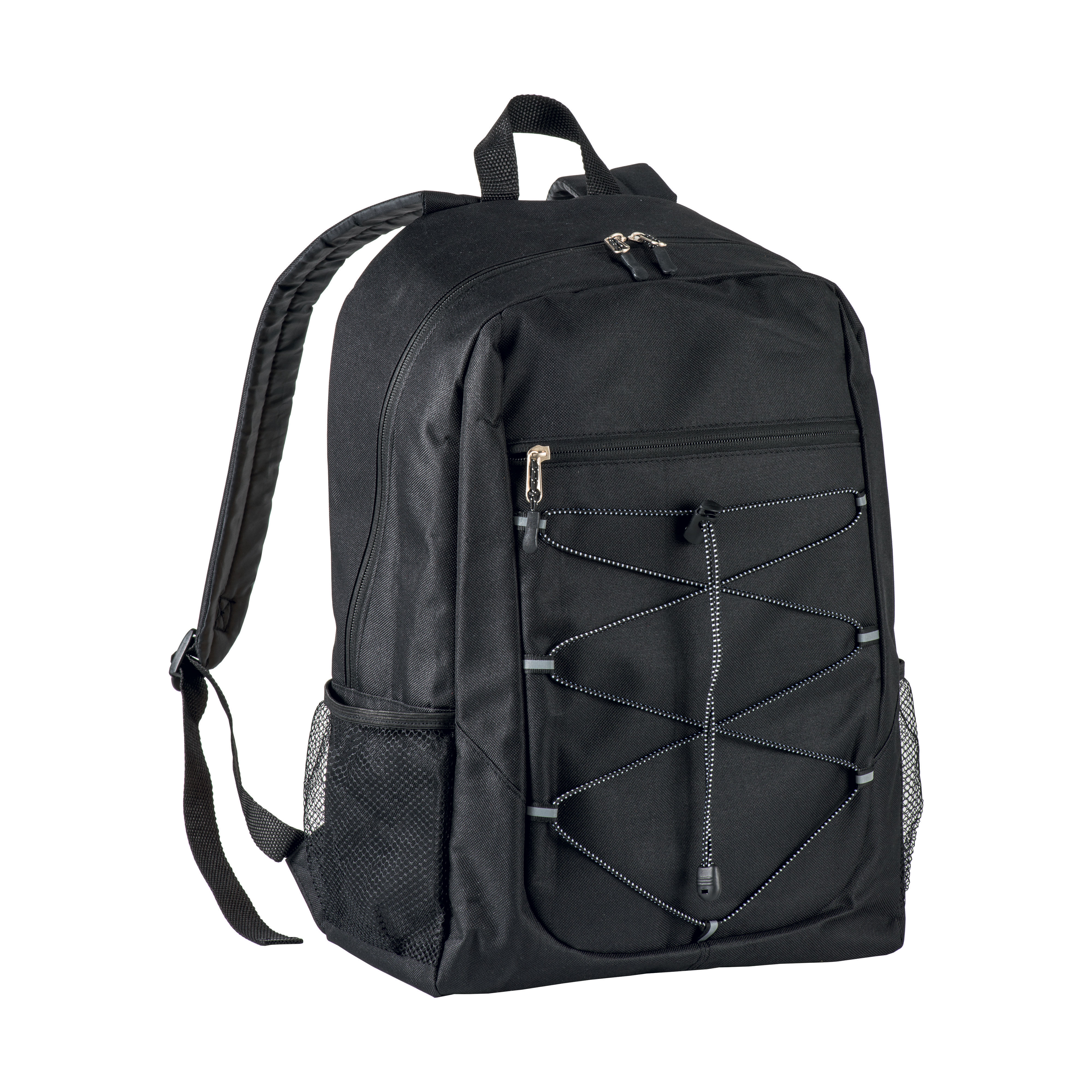 600D polyester 4-pocket backpack (two mesh side pockets). Padded straps and back Black